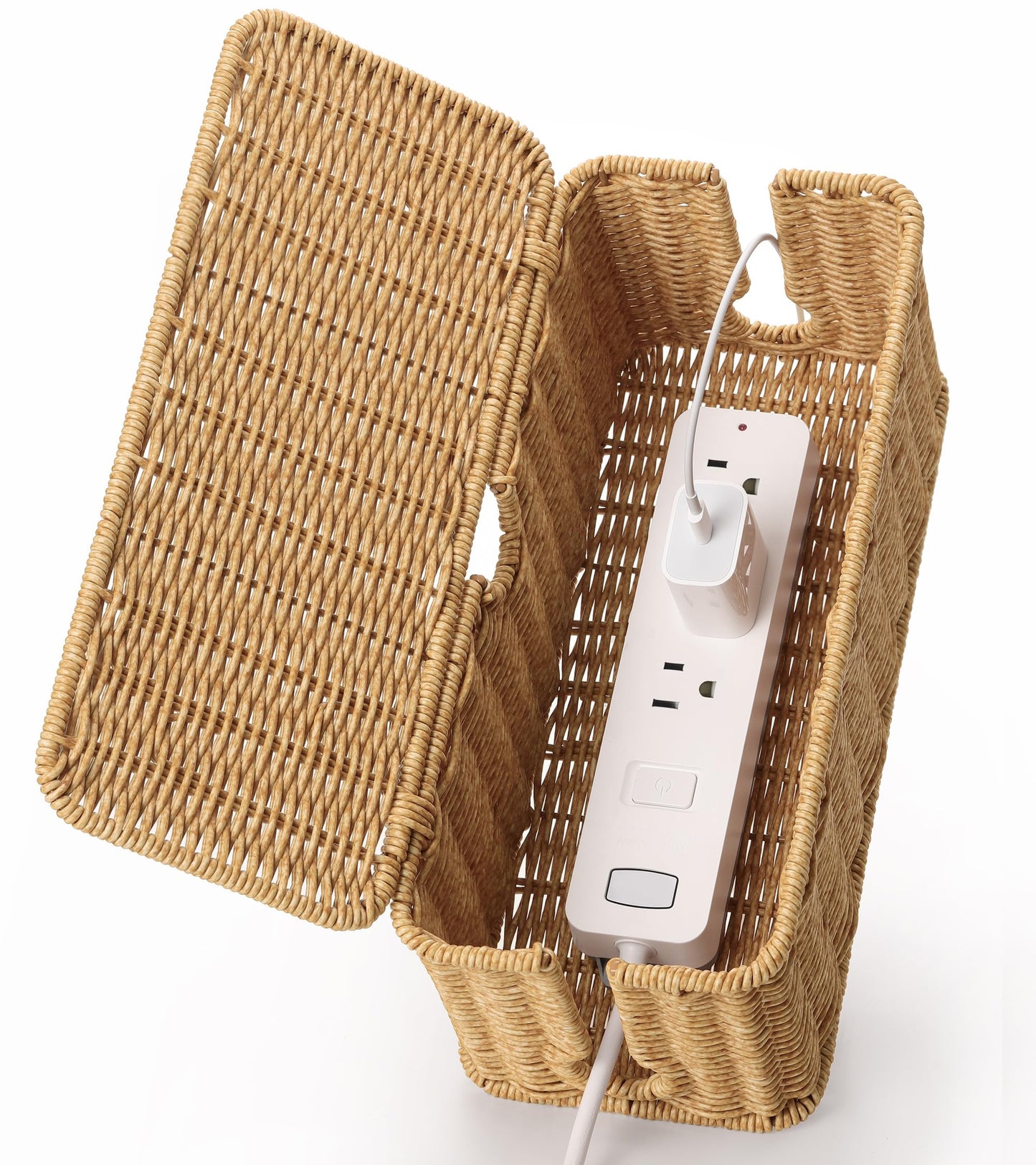 Handmade Cable Management Box Brown, Imitation Rattan Cord Organizer Box, Cord Hider, Cable Organizer for Desk, Wire Management to Hide Cords and Power Strip L12.5 W5.2 H5.5 in