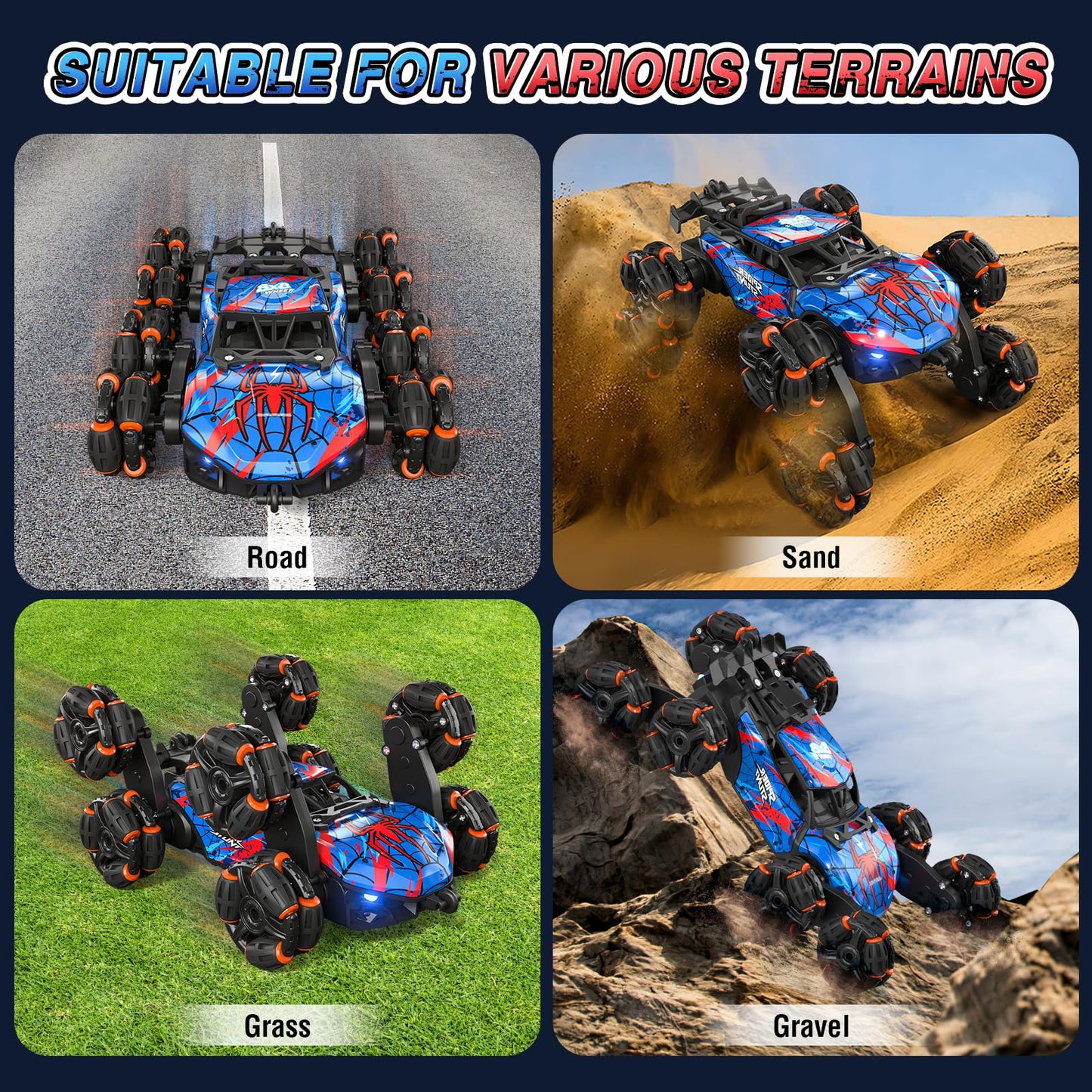 8WD Gesture Sensing RC Stunt Car with Spray & Light & Music for Kids Age 6-8-13, Spider Hand Remote Control Car 2.4Ghz Double-Sided Climbing Drift RC Car Toys Birthday Gift for Boys