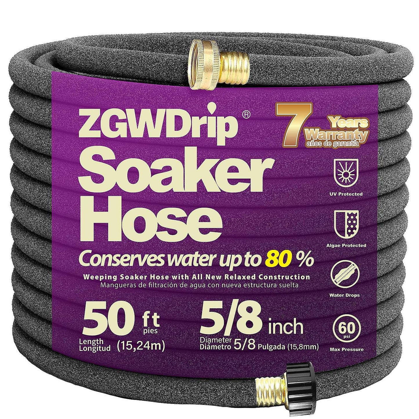 ZGWDrip 5/8" Heavy Duty Soaker Hose with Brass Connectors – Ultra-Flexible Drip Irrigation for Gardens, Lawns & Raised Beds (50 FT)