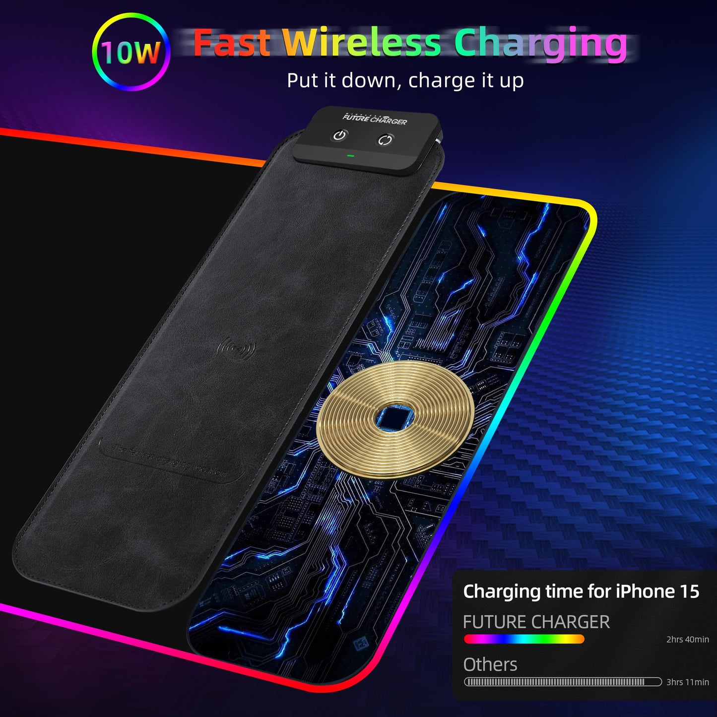 Wireless Future Charger Gaming Mouse Pad, 10W Wireless Charging, RGB with 9 LED Light Modes, 31.5"x11.8" Large Desk Mat, Non-Slip Rubber Base, Waterproof, Black