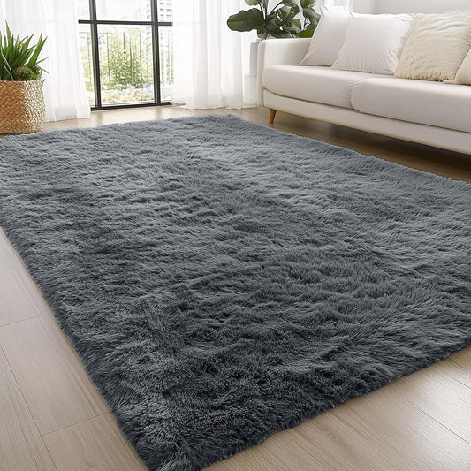 OLANLY Fluffy Area Rug for Living Room Bedroom, 5x8 Feet Soft Shaggy Non-Slip Carpet, Indoor Modern Plush Area Rugs for Kids Girls and Boys, Dorms, Nursery Rooms, Home Decor, Grey