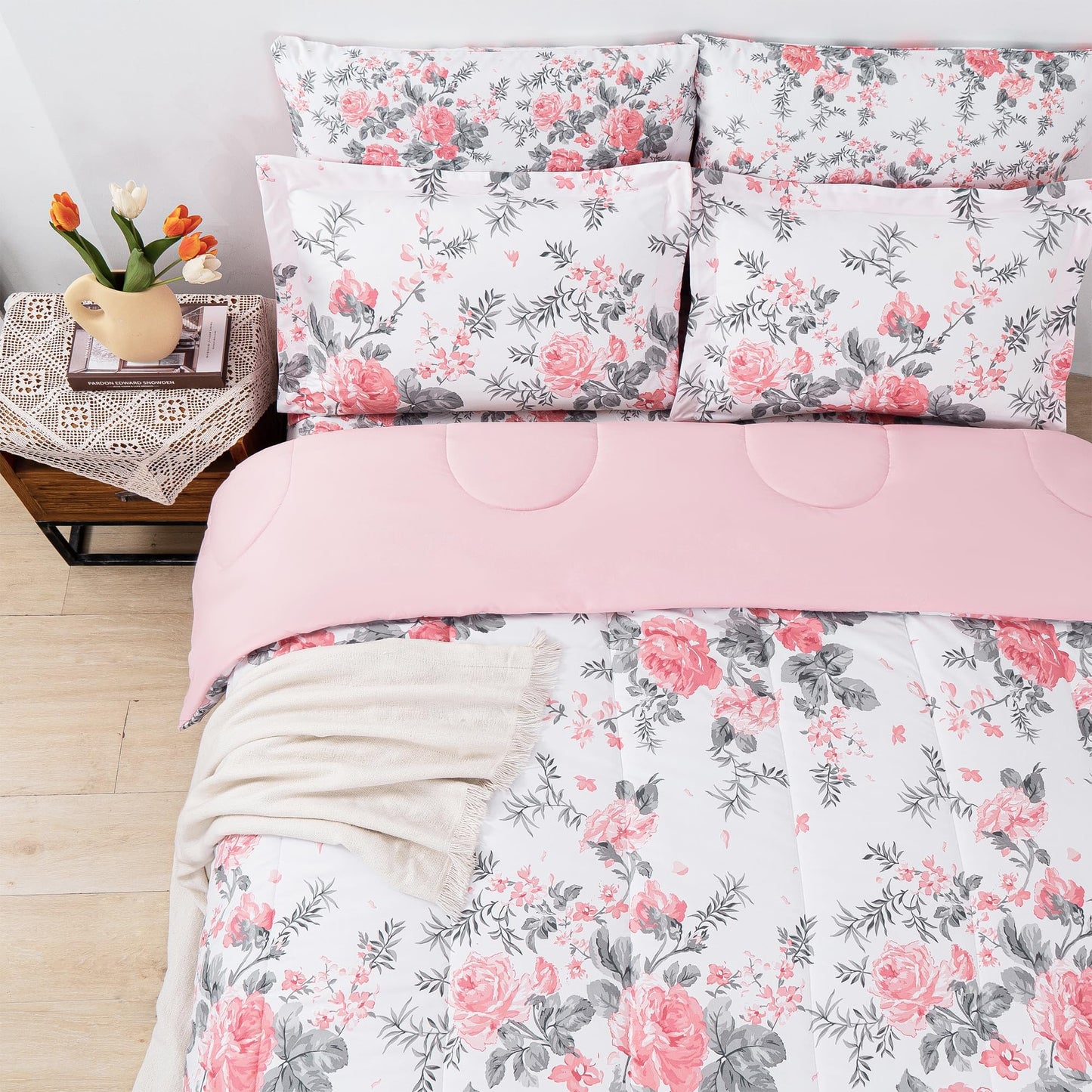 lasoftan Floral Queen Comforter Set with Sheets, 7 piece Luxury Vintage Bedding, Soft Microfiber Bed in a Bag, Cozy Lightweight Bed Set, Pink Flower Grey Leaf
