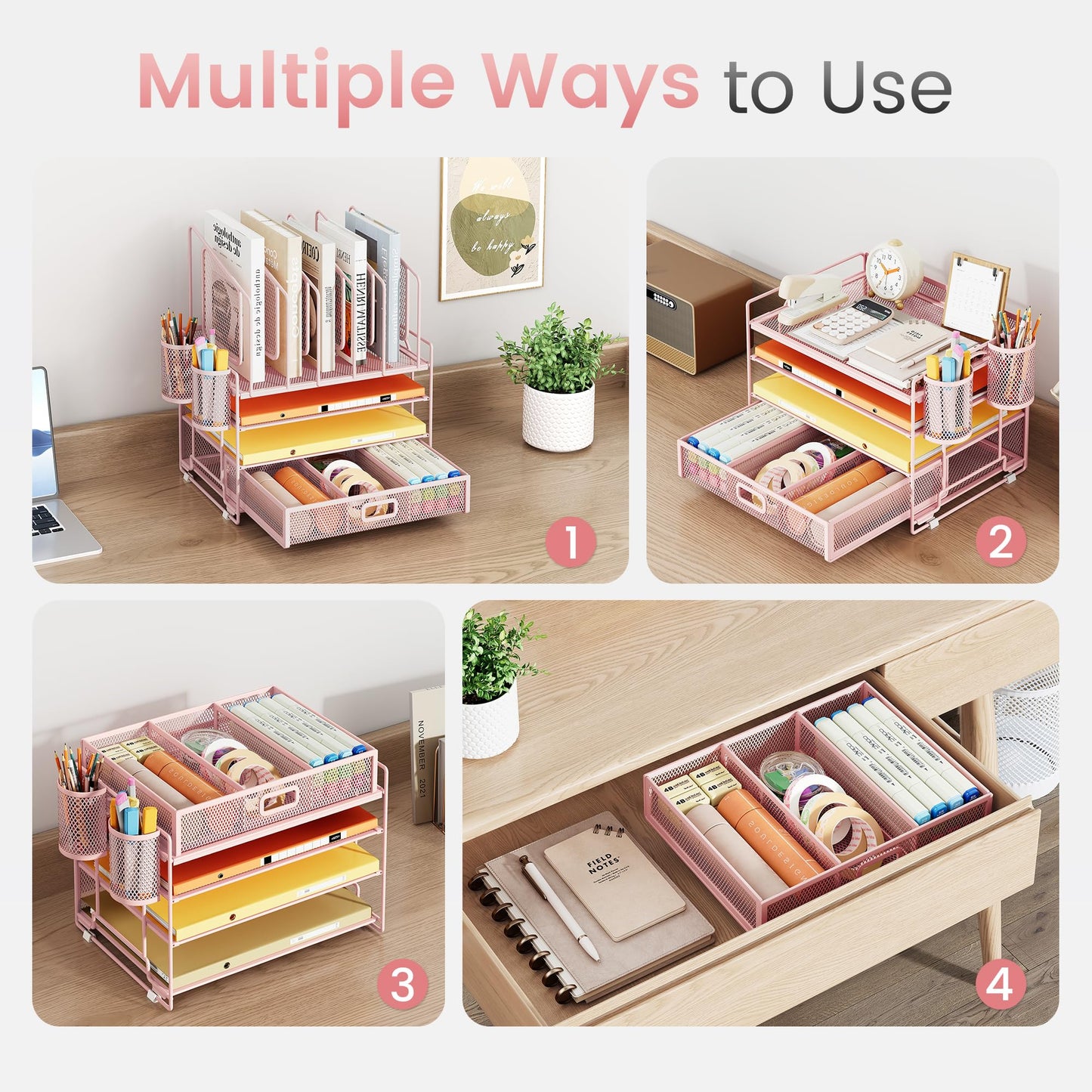 Marbrasse Desk organizer, 4 Tier Mesh File Organizer with 5 Vertical File Holders, Workspace Organizers with Drawer and 2 Pen Holders, Desk Storage for Office, School, Home (Pink)