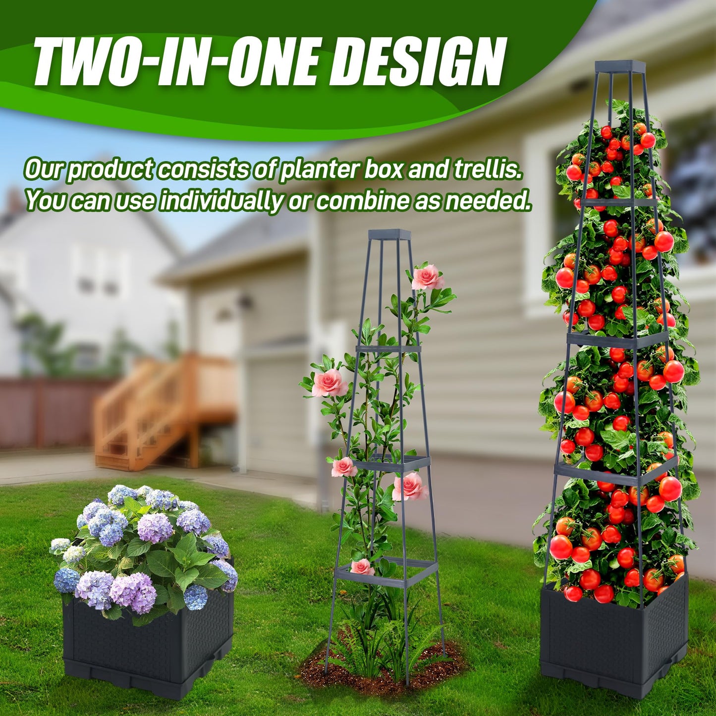2 Packs Raised Garden Bed Tomato Planter Box with Trellis,44.8" Self-Watering Tomato Cage with Trapezoidal Trellis for Climbing Plants Flowers Vegetables Vine in Patio Garden Indoor Outdoor