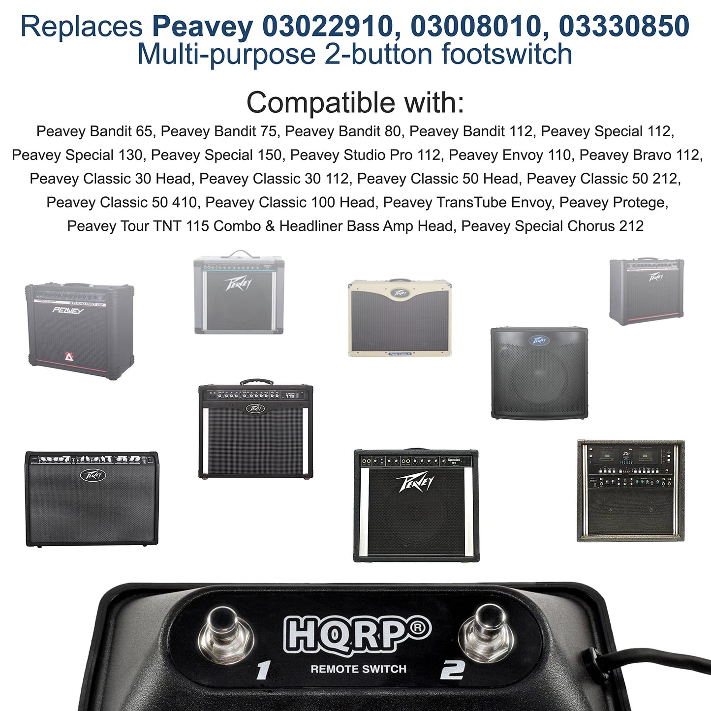HQRP Multi-purpose 2-Button Guitar Amp Footswitch compatible with Peavey 03022910 03008010 03330850 Replacement fits TransTube Bandit DeltaBlues Supreme Head Ecoustic 112 Mark VIII amps
