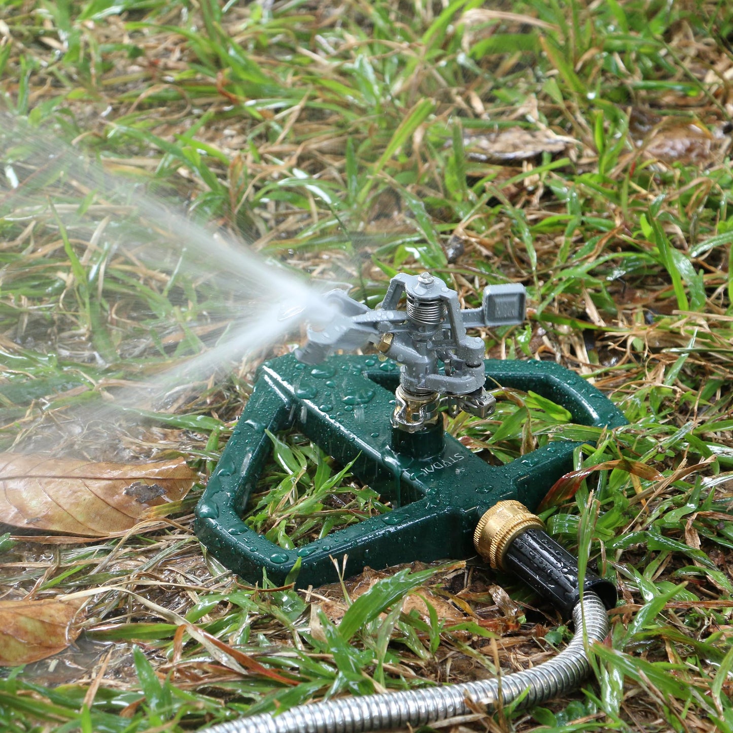 STYDDI Metal Pulsating Impact Sprinkler with Metal Base, Heavy Duty Adjustable Circular Zinc Impulse Sprinkler for Lawn, Yard and Large Area, Water Coverage up to 5,800 Sq. ft