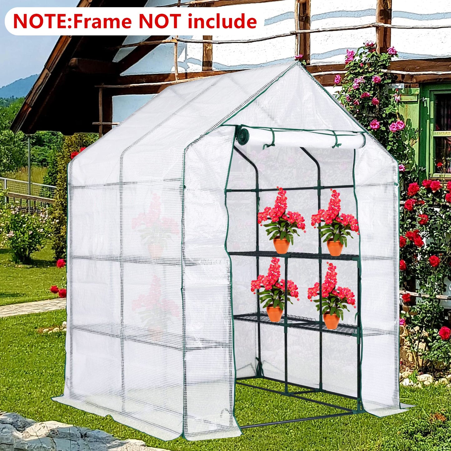 56x56x76in Walk-in Greenhouse Replacement Cover with Roll-Up Zipper Door - PE Greenhouse Cover for Outdoor Plant Gardening Plants Cold Frost Protection Wind Rain Proof(Frame Not Include) (A-Style)