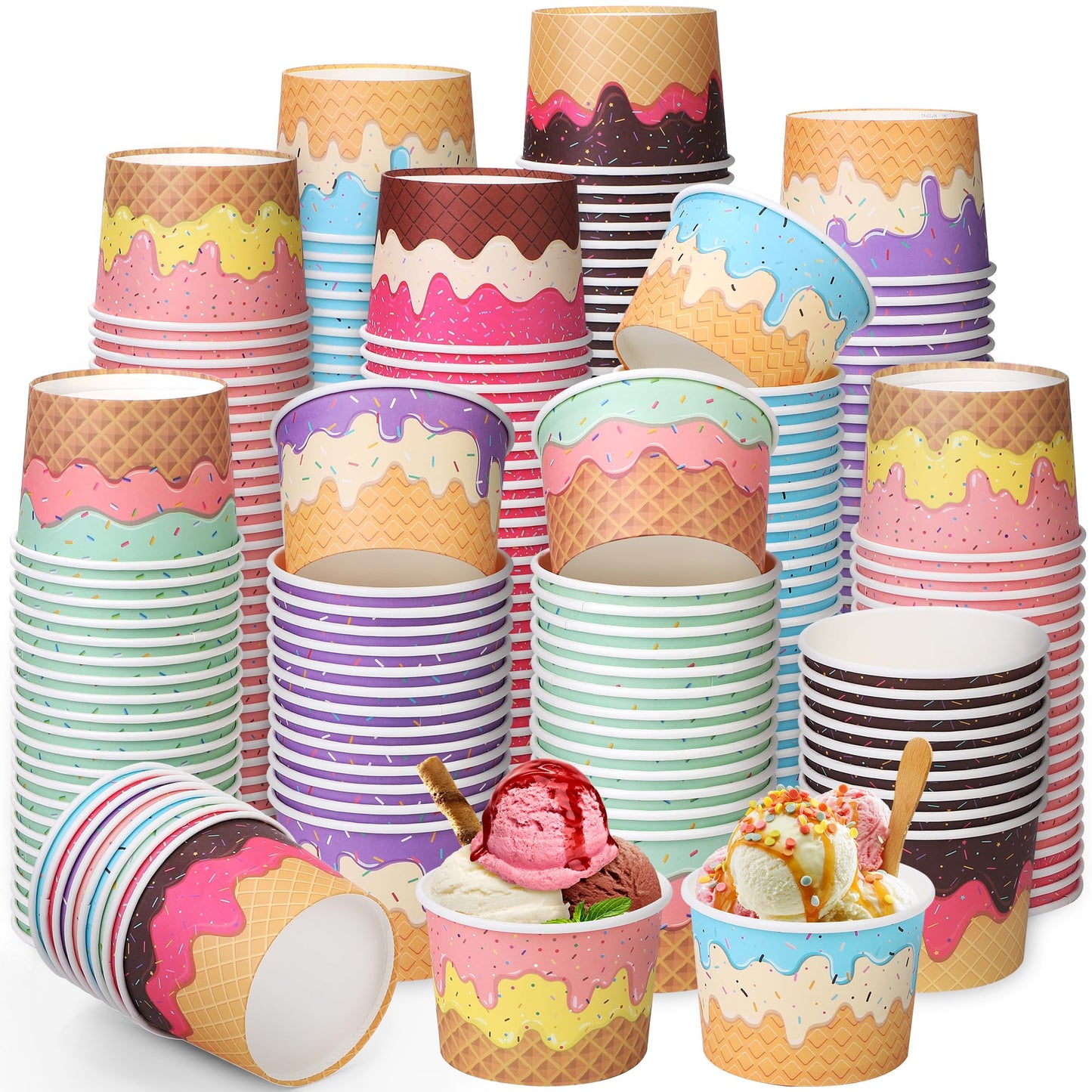 Aodaer 300 Pack 8 Ounces Disposable Ice Cream Containers Sundae Bowls Tea Party Decorations Summer Snack Cups Paper Dessert Yogurt Cups for Party Bar Supplies (Waffle)