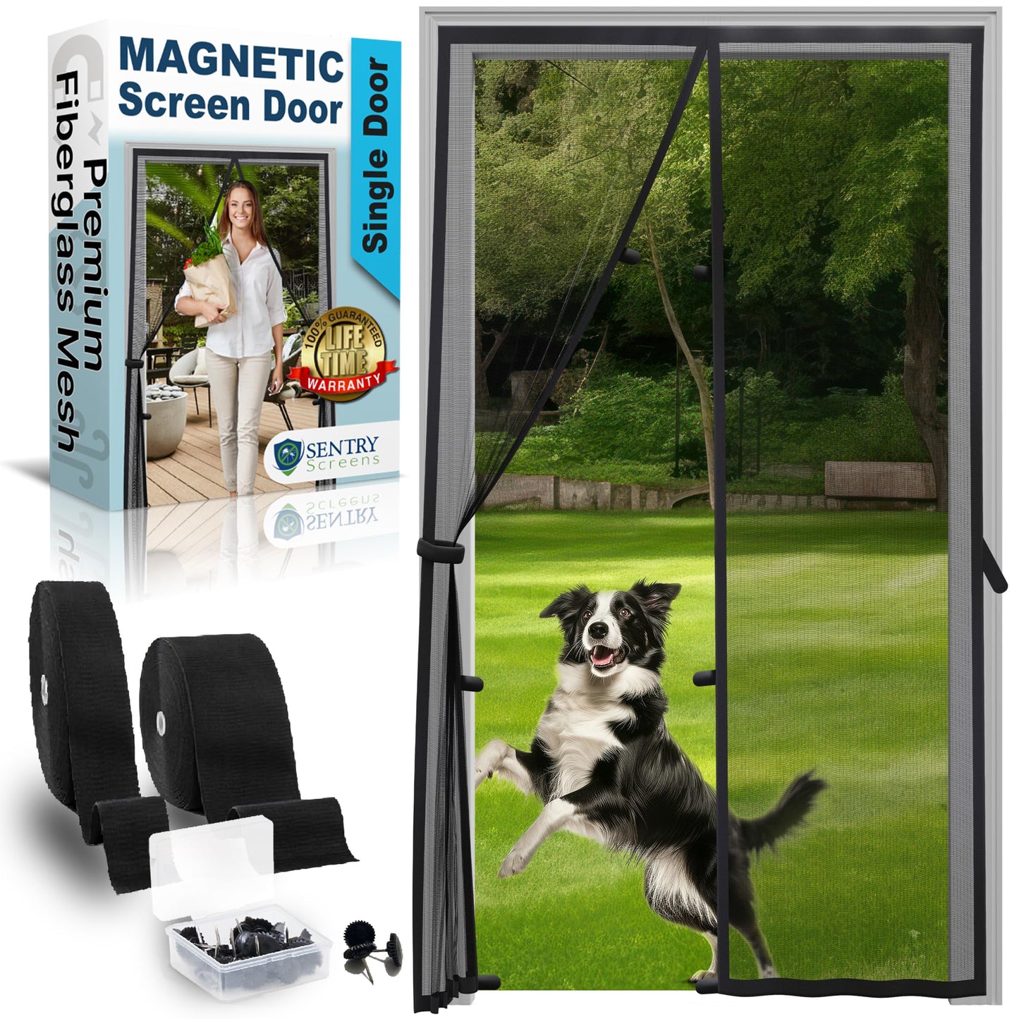 Fiberglass Mesh Magnetic Screen Door – Heavy Duty Self-Closing Hanging Door Net Screen with Magnet Closures – Fits Doors Up To 34"x95" – Black – by Sentry Screens