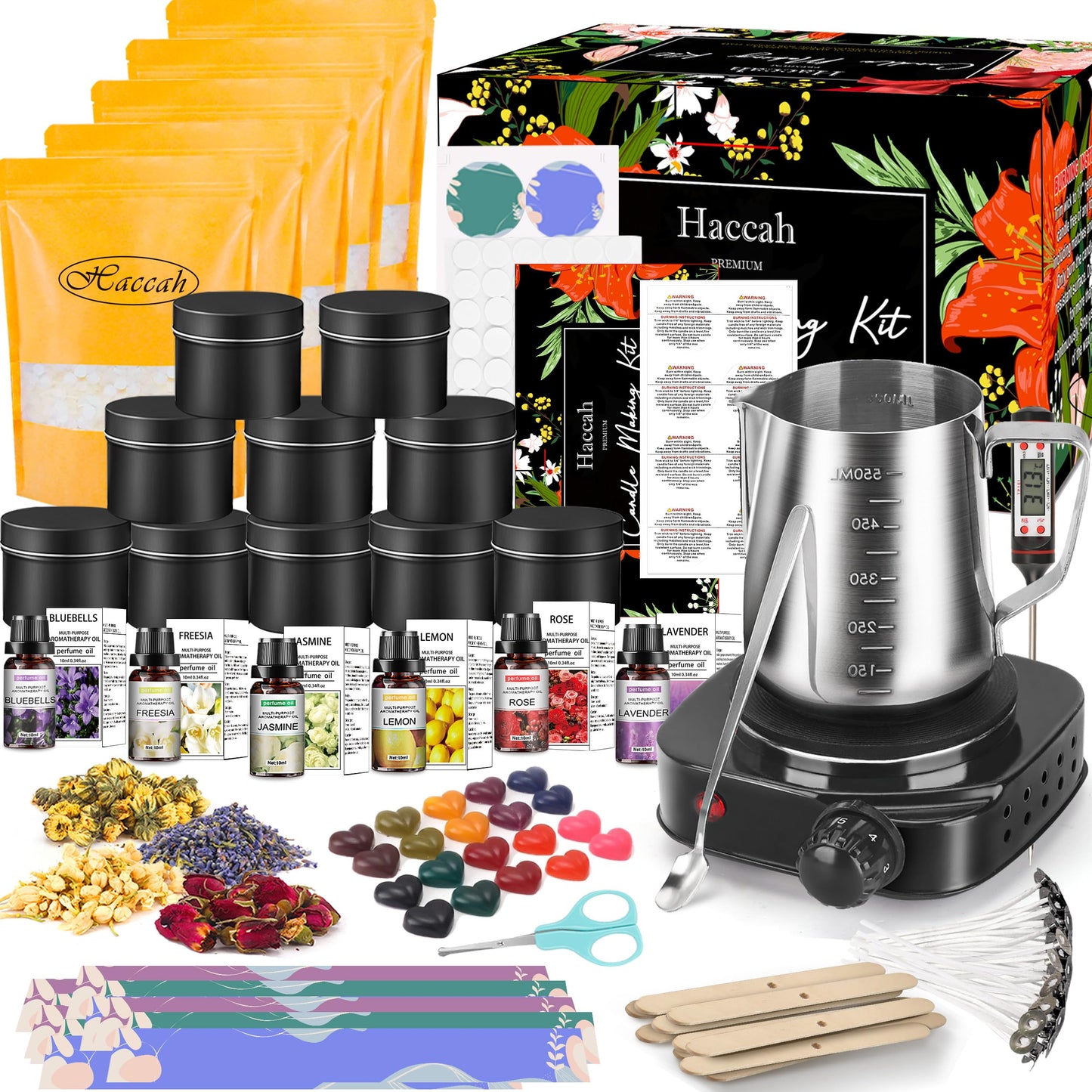 Complete Candle Making Kit with Wax Melter, Making Supplies,DIY Arts&Crafts Gift for Beginners,Adults,Including 500w Electronic Stove,Wicks,Rich Scents,Dyes,Melting Pot,Candle tins