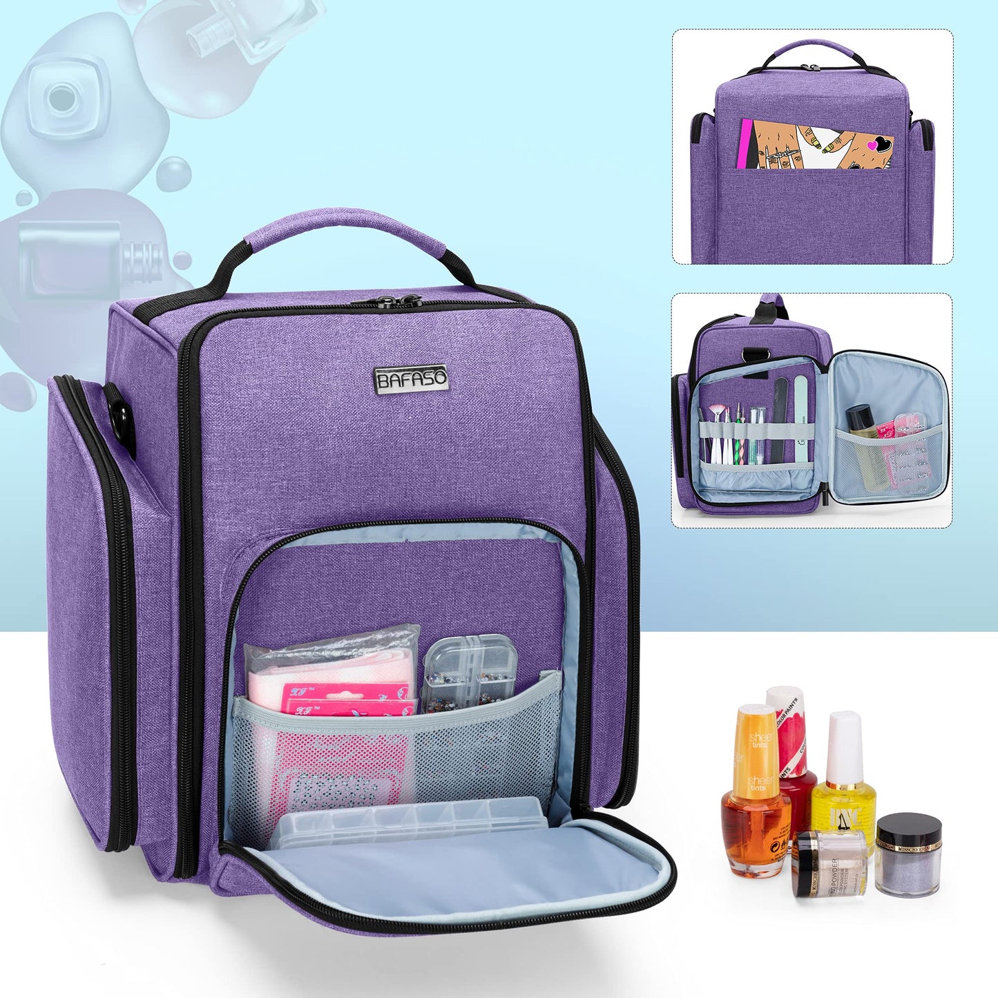 BAFASO Nail Polish Organizer Holds 72 Bottles (15ml - 0.5 fl.oz), Large Nail Polish Case with 3 Removable Pouches and Multiple Storage Sections (Bag Only), Purple, Patented
