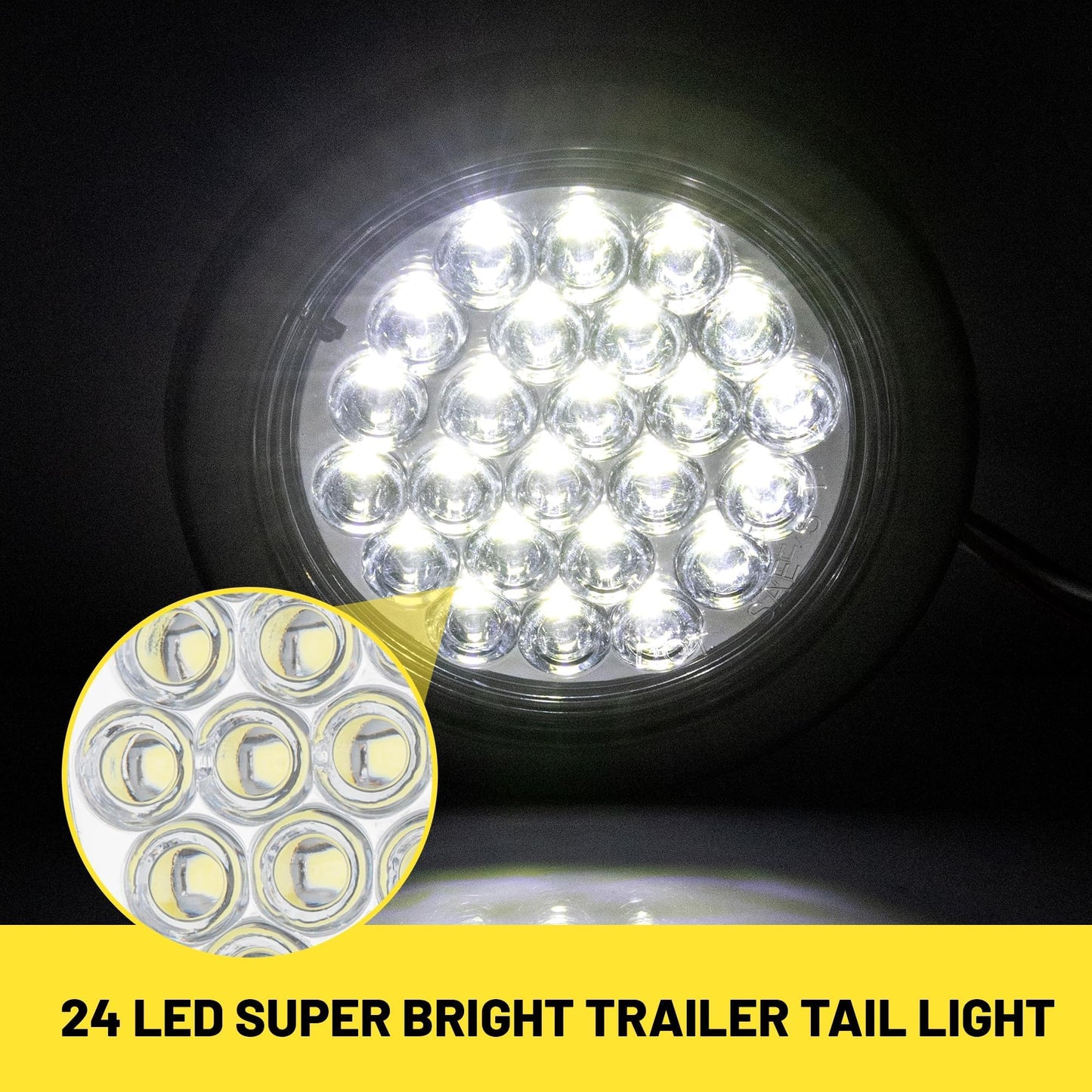 Oyviny 4 Inch 24LED White LED Trailer Tail Light, Round Trailer Stop Turn Tail Backup Reverse Light IP65 Super Bright W/Reflector Bowl 12V DC for Trailer, Bus, Trucks, 2PCS