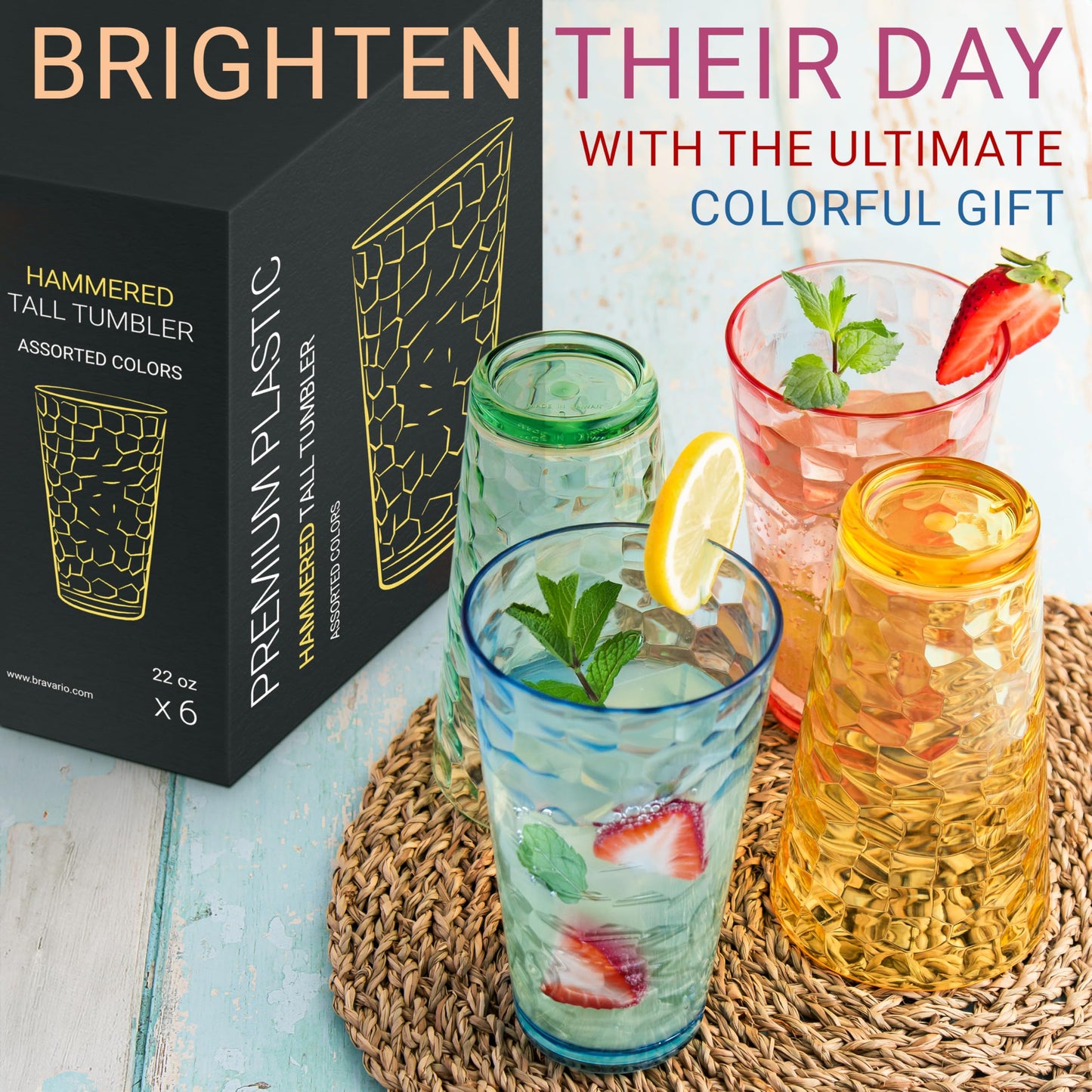 Bravario Hammered Plastic Drinking Tumbler, Dishwasher-Safe Premium Quality Water Glasses, BPA-Free Reusable Mixed Colors Assorted Stackable Cups, 22 oz Set of 6