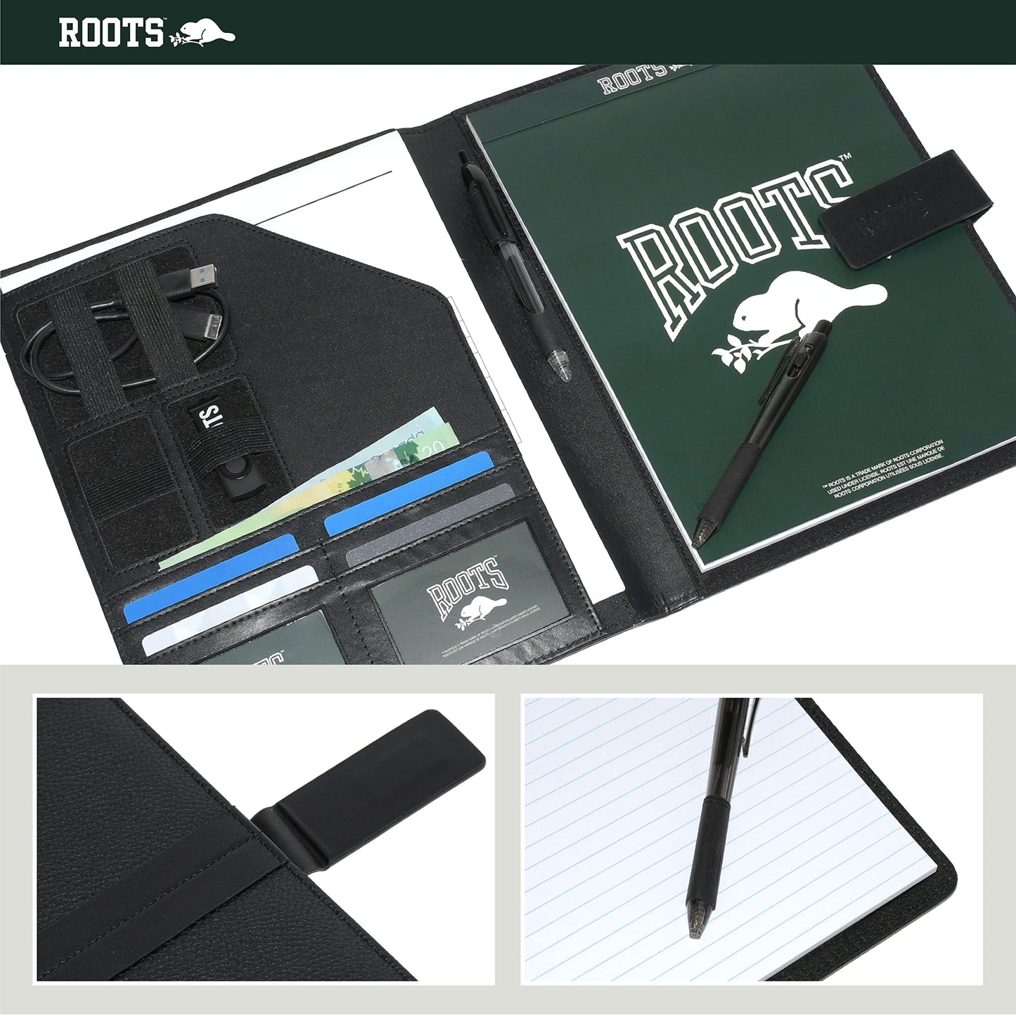 ROOTS Premium Vegan Leather Bussines Organizer Padfolio Magnetic Tab Closure Bussines, Black