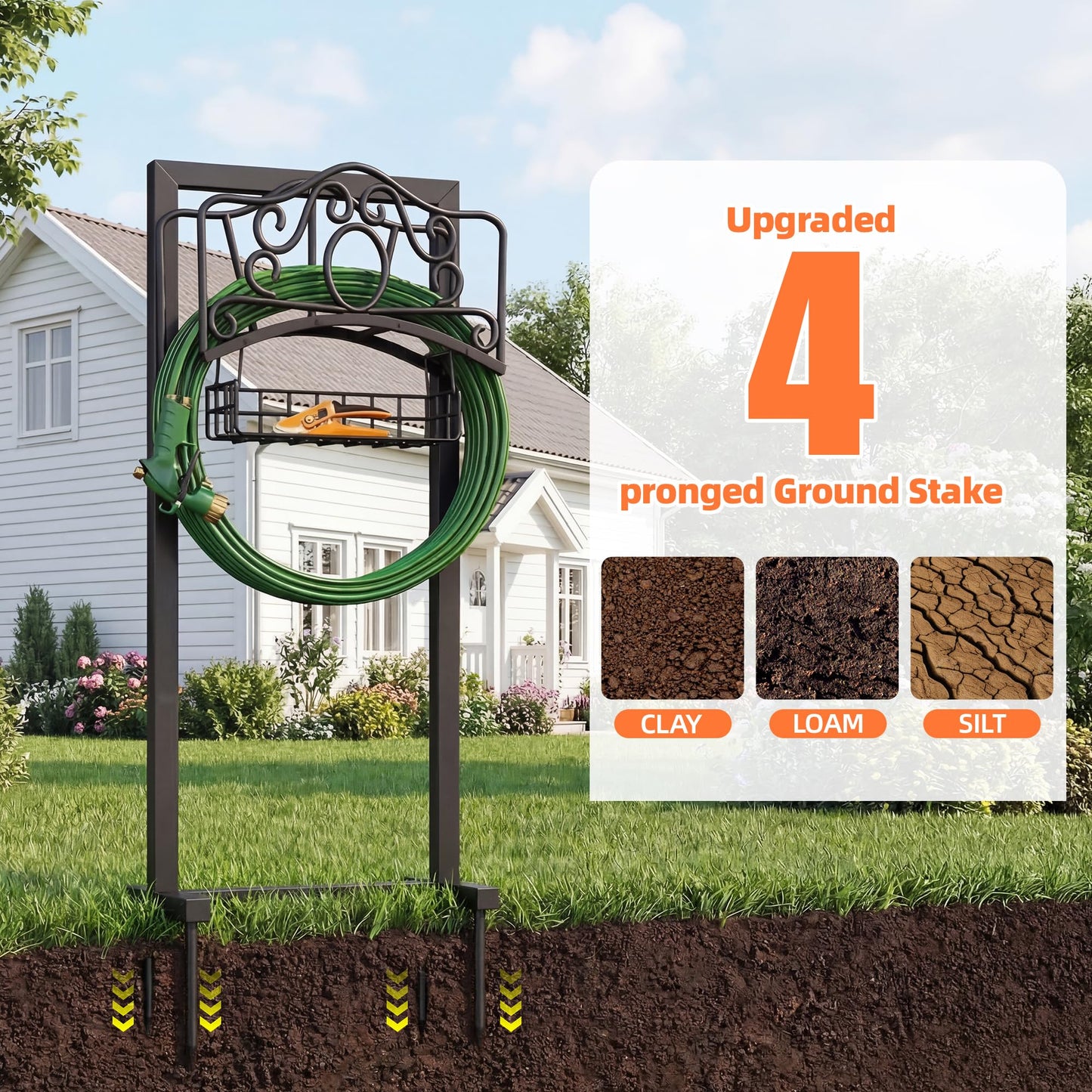 Garden Hose Holder, 2026 Upgraded Heavy Duty Water Hose Holder Stand with Storage Basket Holds 160ft, Freestanding Metal Garden Hose Reel Hanger Organzier Rack for Outdside Yard Lawn Farm, Black