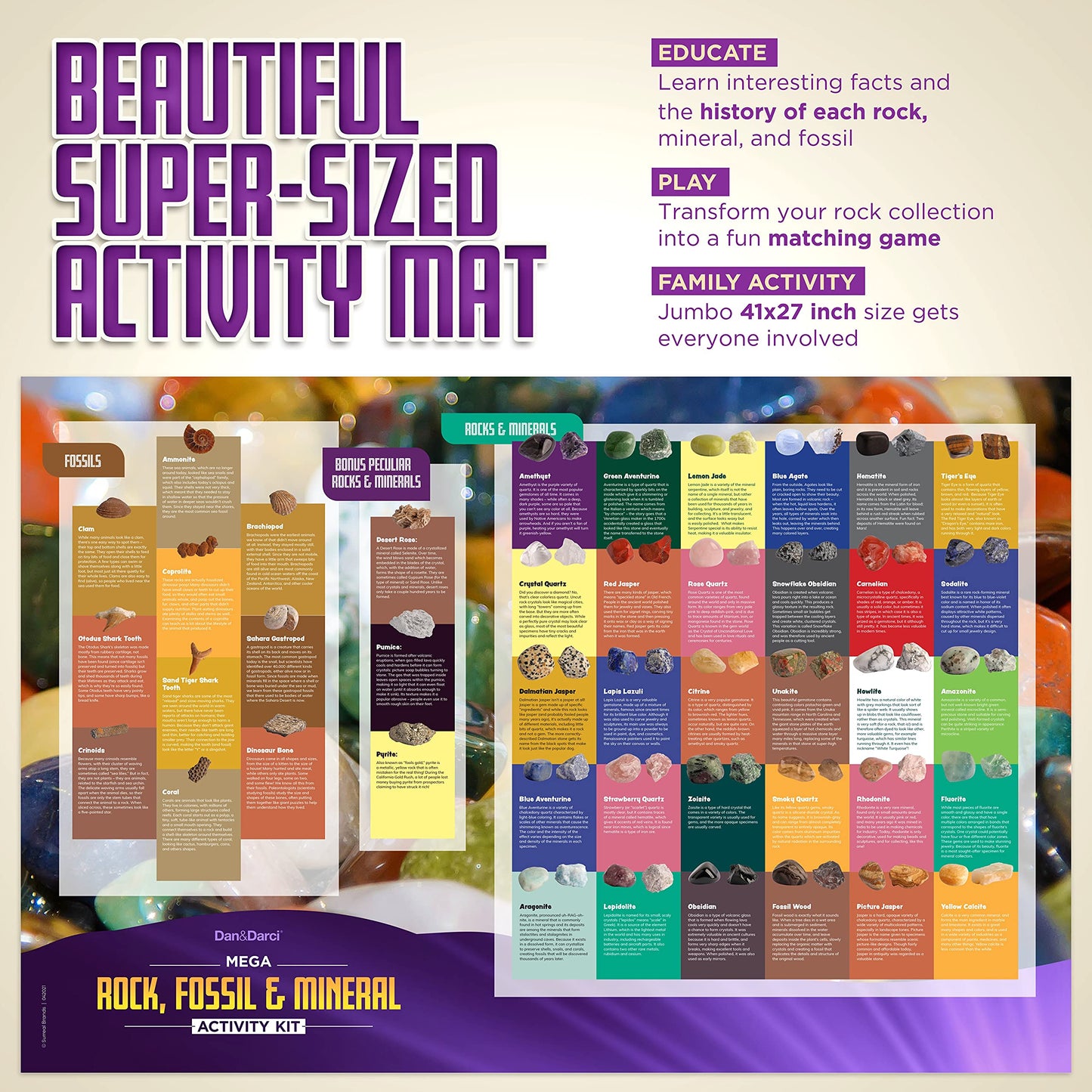 Rock, Fossil & Mineral Collection & Activity Kit. Includes 250+ Real Gemstones, Crystals Specimens & Jumbo Learning Mat - Bulk Rough Rocks, Polished Gem Stones, Genuine Fossils - Science Gift for Kids