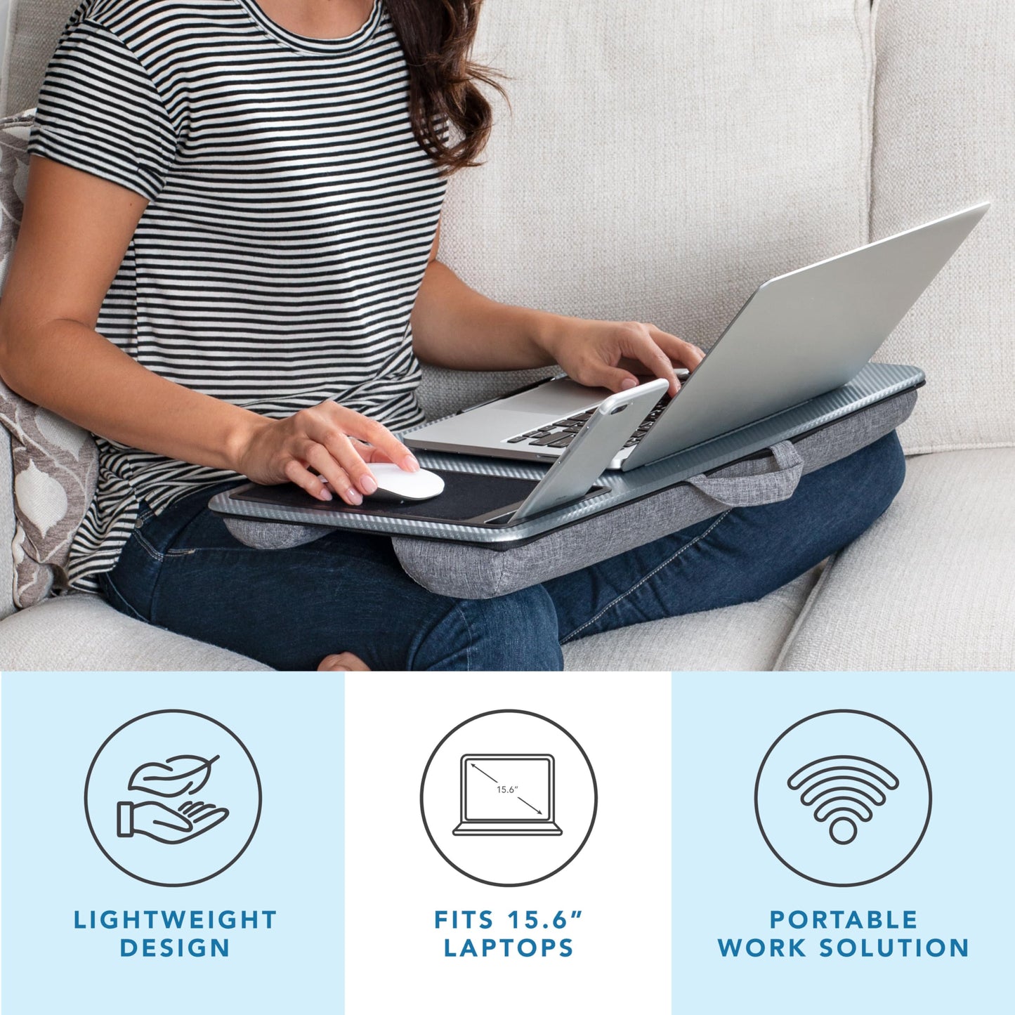 LapGear Home Office Lap Desk with Device Ledge, Mouse Pad, and Phone Holder - Silver Carbon - Fits Up to 15.6 Inch Laptops - Style No. 91585