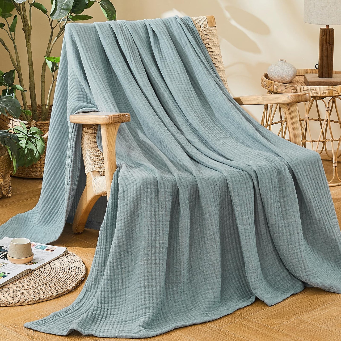 EMME Cotton Muslin Queen Blanket Bed Layering Bedspread Coverlet Breathable Gauze Soft Lightweight (Heather Teal, 90"x90")