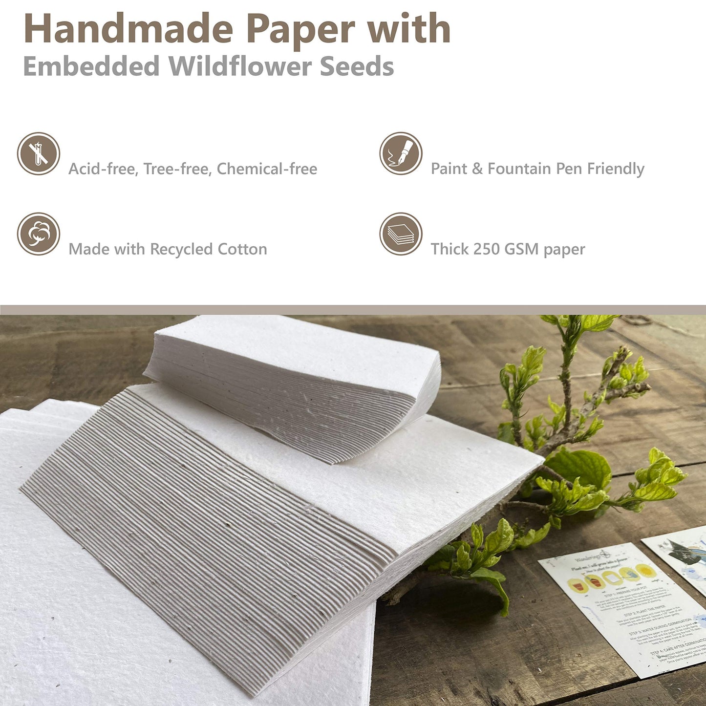 Wanderings Handmade Flower Seed Paper – 8.3" x 11.8" / A4 Size – Pack of 50 – Plantable Wildflower Seed Paper for Invitations, Sketching & Watercolour – 250 GSM Deckled Edge
