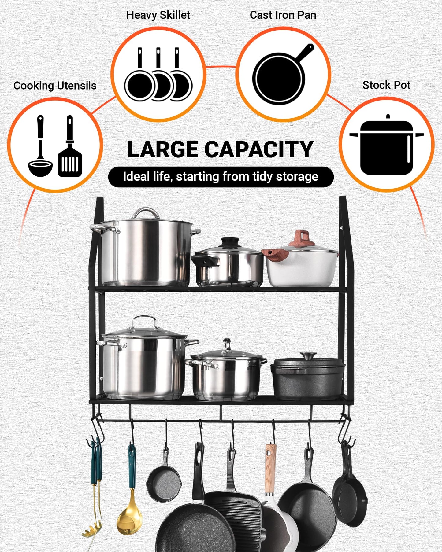 Hoooh 30-Inch Wall Mount Pot Racks - 2-Tier Pot Rack Pan Hanger for Kitchen Storage and Organization - Matte Black Cookware Hanging Shelves with 10 Hooks