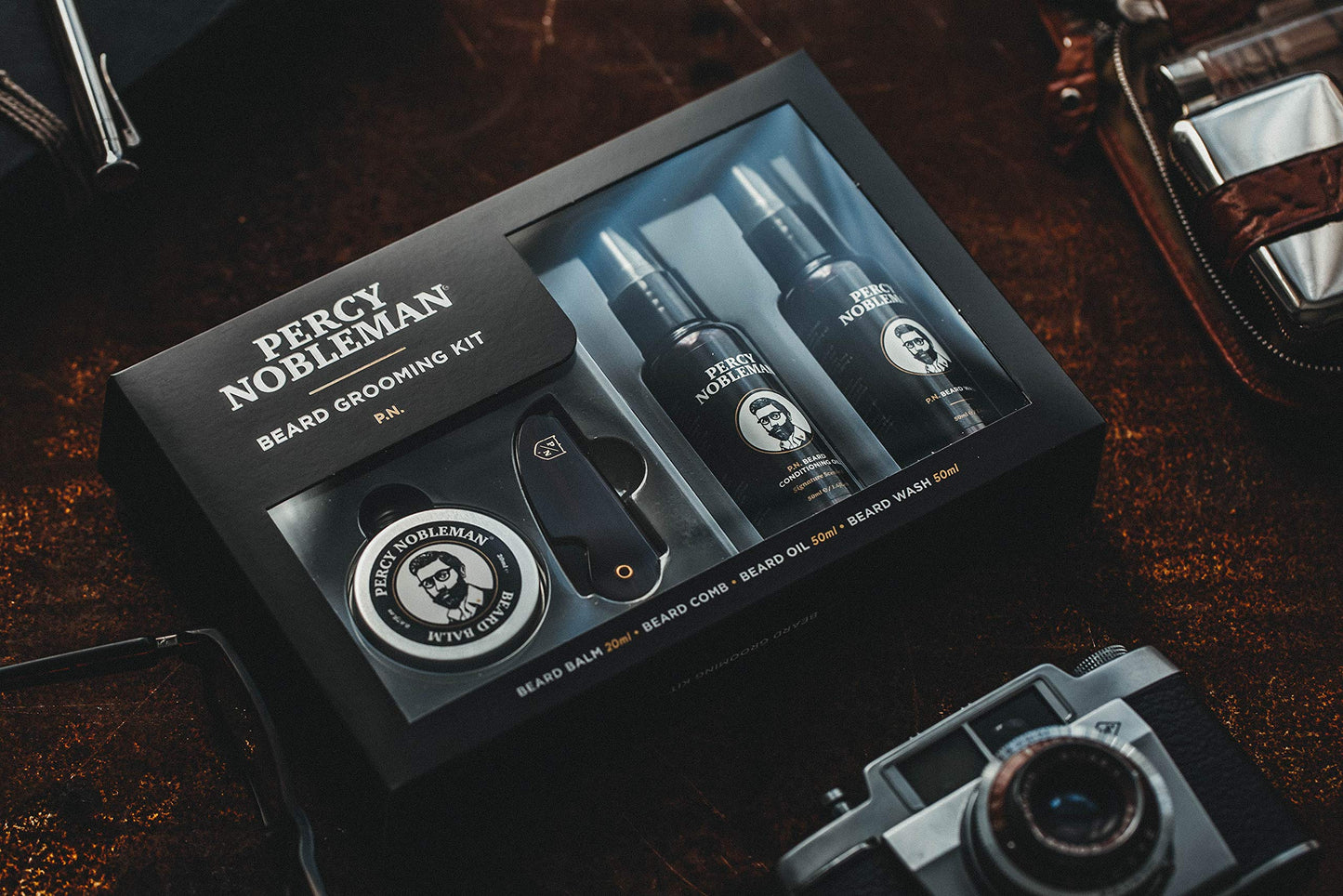 Percy Nobleman Beard Grooming Kit. Signature Scented Beard Oil 50ml. Beard Wash 50ml. Beard Balm 20ml. Beard Comb.