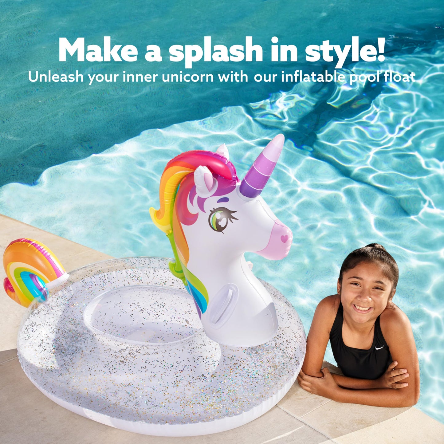 JOYIN Unicorn Pool Float Kids - Inflatable Rainbow Unicorn Floaty with Glitters Fun Pool Floats, Ride On Unicorn Beach Lake Floaties Raft Lounge, Party in Summer Decorations Pool Toys for Kids