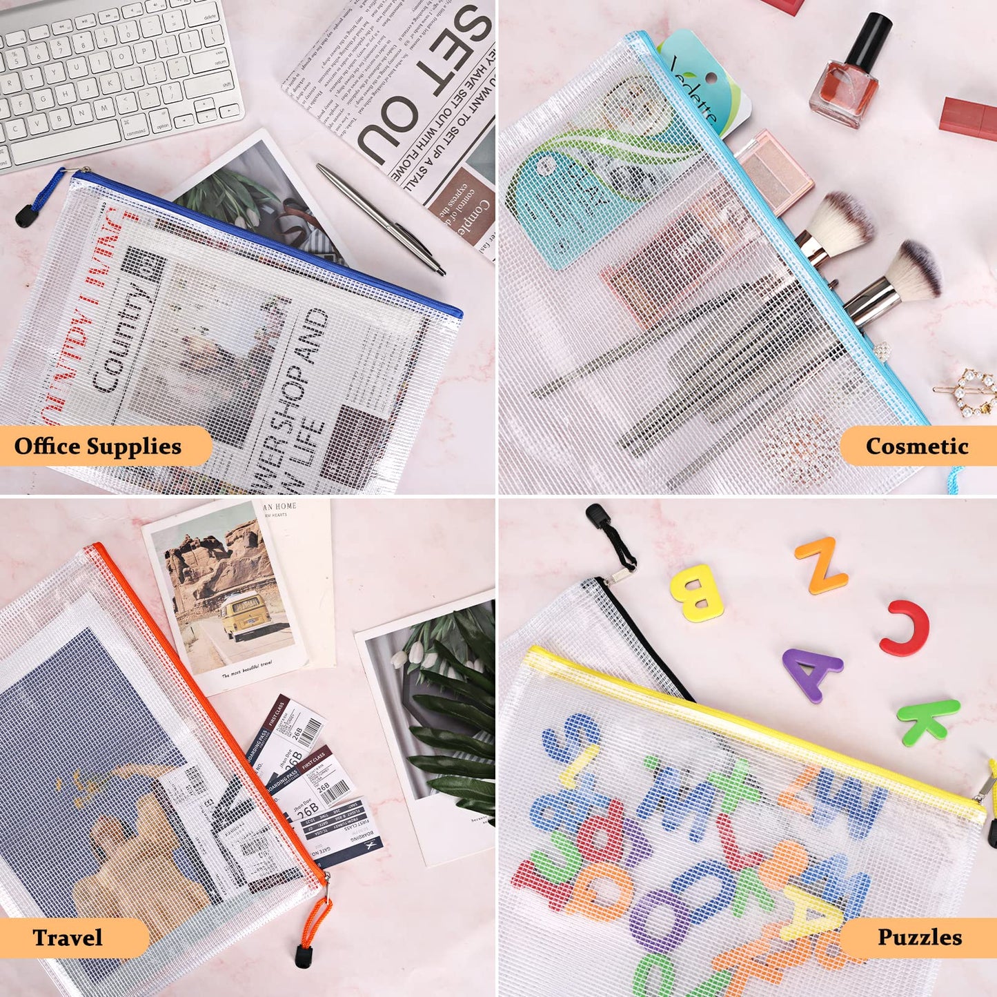 EOOUT 56pcs Mesh Zipper Pouch Zipper Bag, Durable Pouches for Organization Puzzle Storage, Letter Size, A4 Size, for Office Supplies
