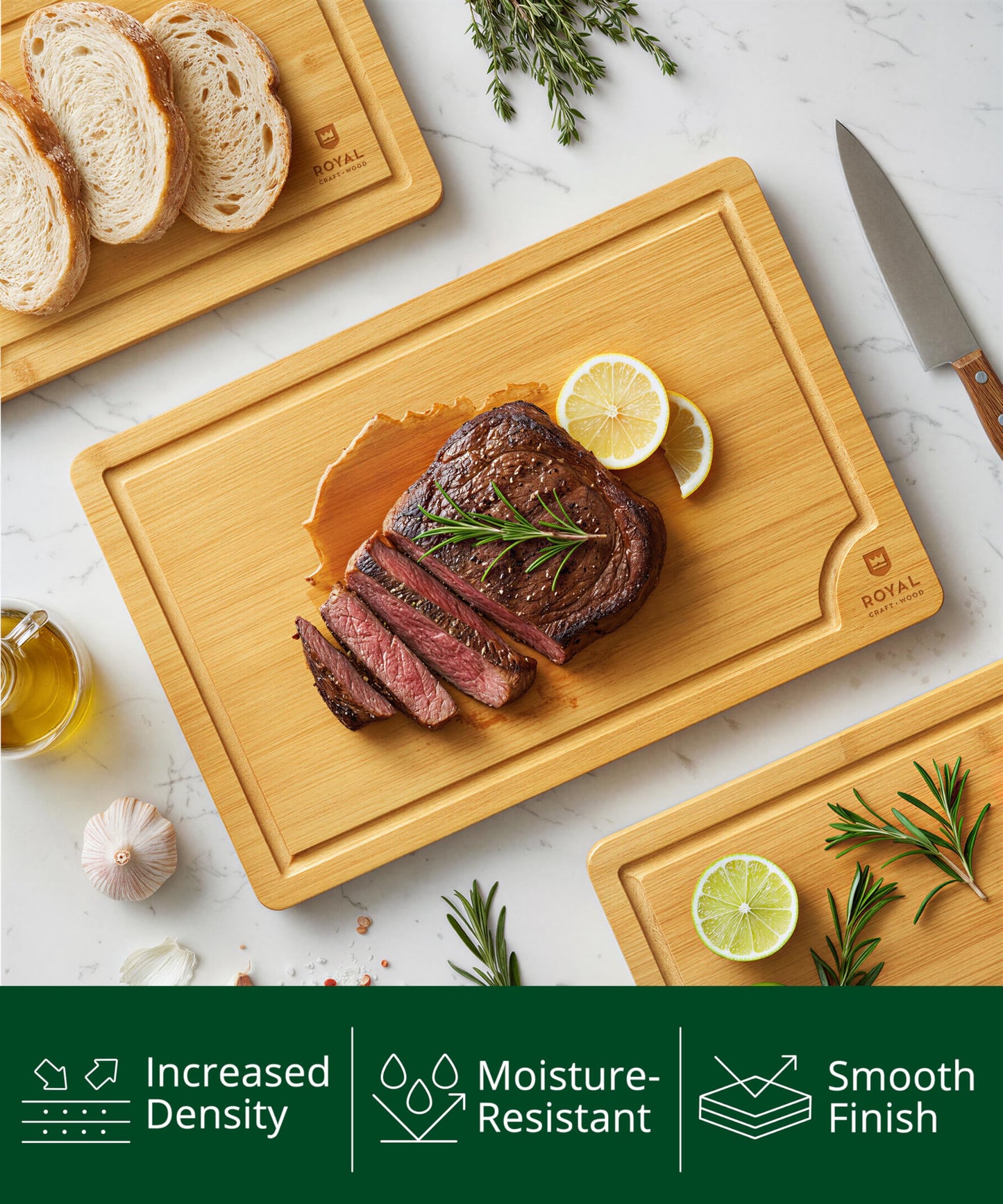 Large Wood Cutting Board Set for Kitchen - Luxury Bamboo Cutting Boards for Bread, Cheese, Fruits, Vegetables - Sturdy Chopping Boards & Butcher Block - Perfect Serving Tray and Charcuterie Boards