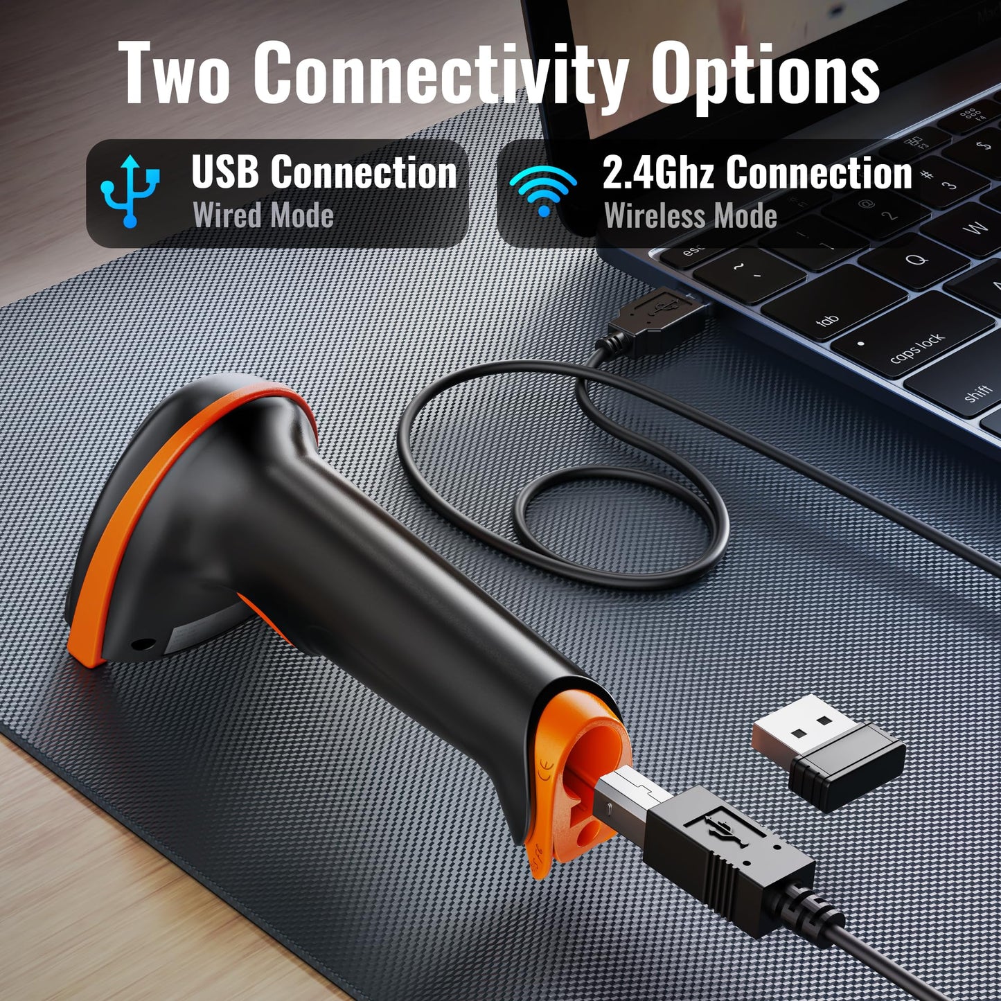 Tera 1D 2D QR Wireless Barcode Scanner with Stand Versatile 2-in-1 2.4G Wireless & USB 2.0 Wired with Battery Level Indicator Cordless CMOS Image Barcode Reader for Supermarket Mobile Payment D5100-Z