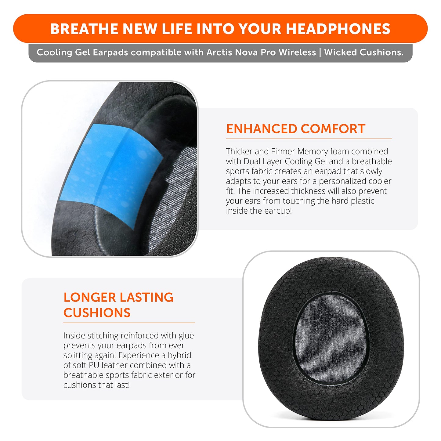 WC Freeze Nova Pro Wireless - Cooling Gel Earpads for Arctis Nova Pro Wireless & Nova Elite (Doesn’t Fit Other Models), by Wicked Cushions, Extra Thick & Comfortable | Black