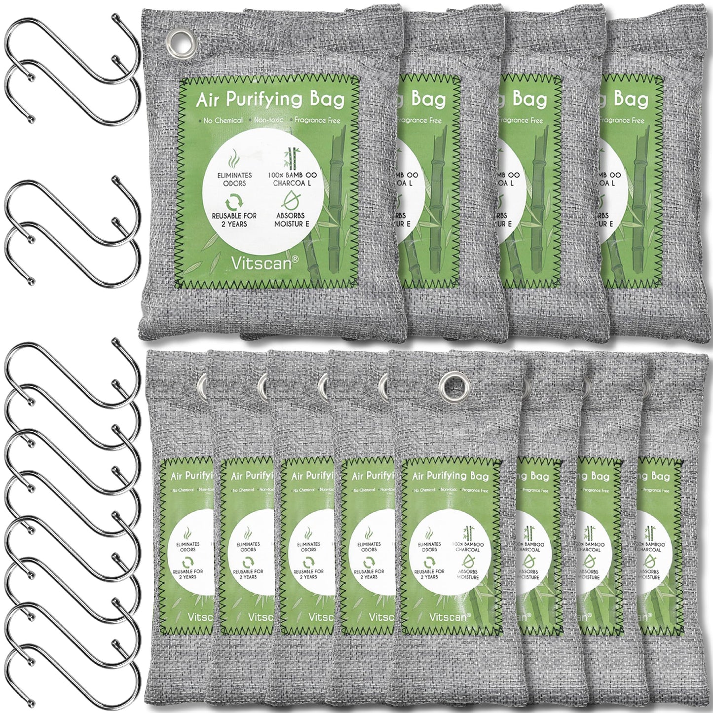 12 Pack Bamboo Charcoal Air Purifying Bag, Activated Charcoal Bags Odor Absorber, Moisture Absorber, Natural Car Air Freshener, Shoe Deodorizer, Odor Eliminators For Home, Pet, Closet (8x50g, 4x200g)