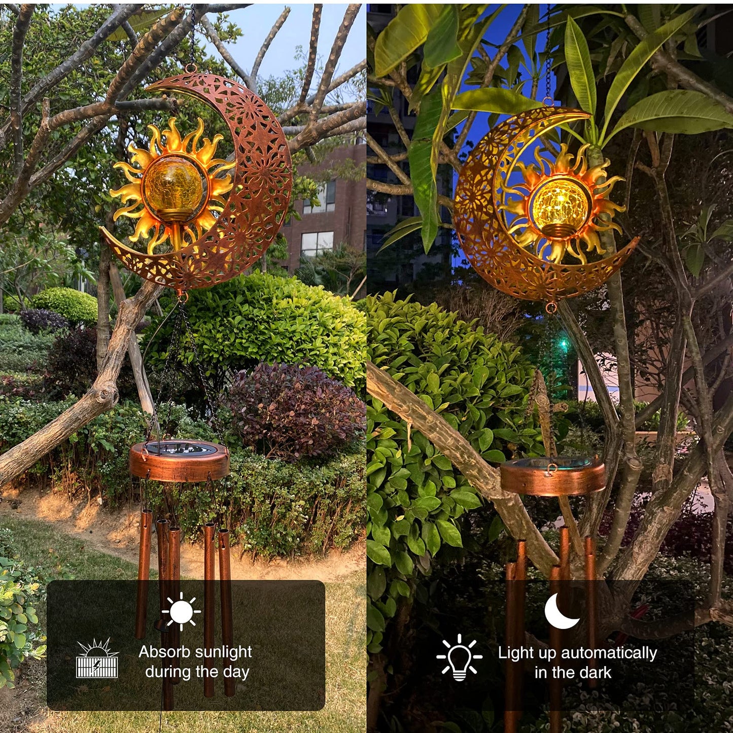 Solar Wind Chimes,Outside Moon Sun Lights Waterproof Wind Chime for Garden, Tree, Patio Hanging Decor