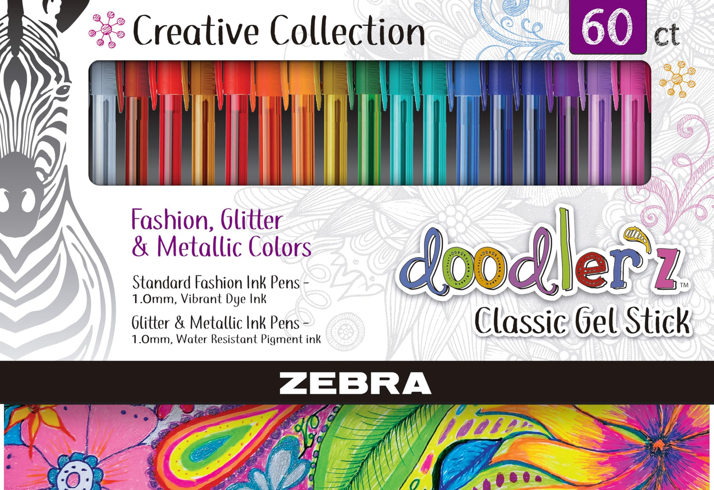 Zebra Pen, doodler’z Gel Stick Pens, 1.0mm Needle-Point Tip, Glitter, Neon, Pastel, Metallic Gel Ink, Vibrant Assorted Colours, Water-Based Ink, Art and School Pens, 60 Count Pack (41960)