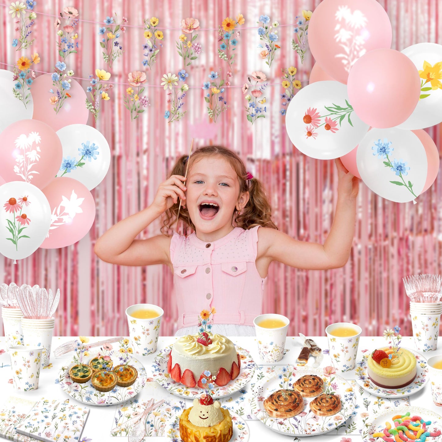 202PCS Wildflower Party Decorations Set for 24 Guests – Floral Plates, Cups, Napkins, Banner, Balloons, Tablecloth & Cutlery | Garden Baby Shower, Spring Birthday Party Supplies