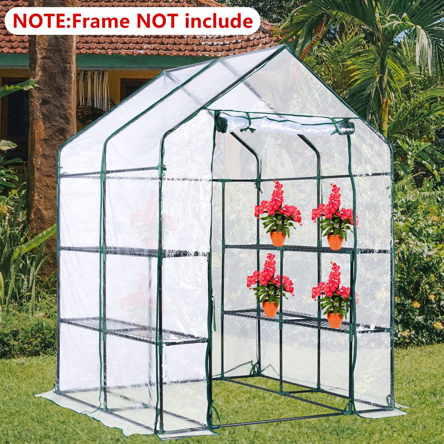 56 x 56 x 76 in Walk-in Greenhouse Replacement Cover with Roll-Up Zipper Door - PVC Greenhouse Cover for Outdoor Plant Gardening Plants Cold Frost Protection Wind Rain Proof (Frame Not Include)
