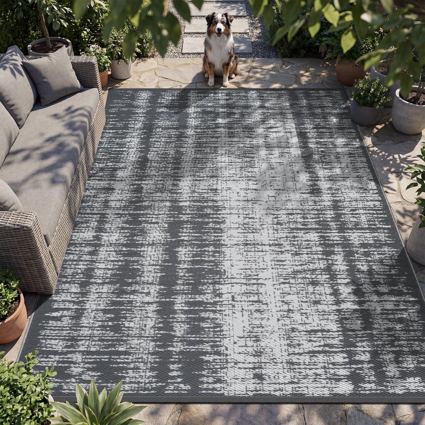 COCOER-Outdoor Rug-Patio Rug 5x8 ft Outdoor Carpet Camping Rugs Reversible Mat Modern Plastic Straw Rugs for RV Camper Balcony Backyard Picnic Deck Fashion Dark Grey