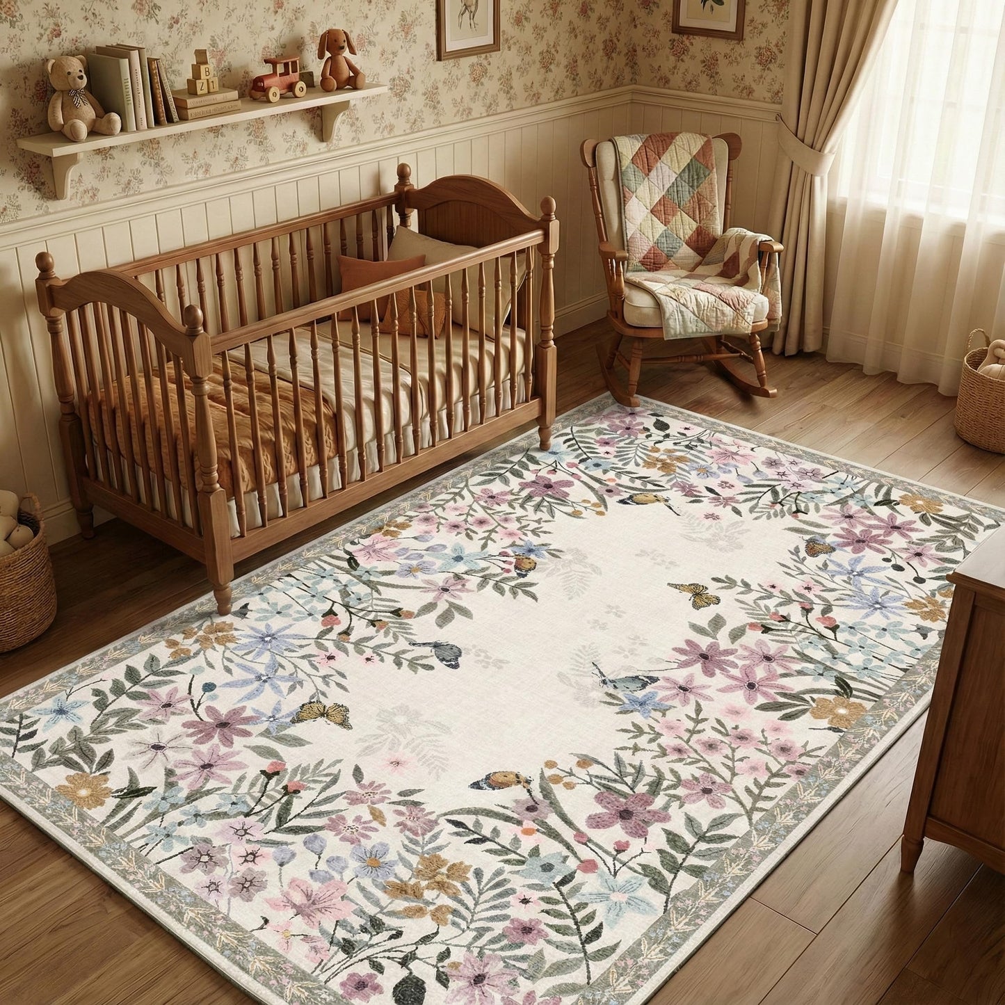 KUEAO 4x6 Area Rug Beige, Floral Rugs for Living Room, Lightweight Non Slip Washable Rug, Indoor Low Pile Boho Design Rugs for Bedroom Living Room Dining Room Beige