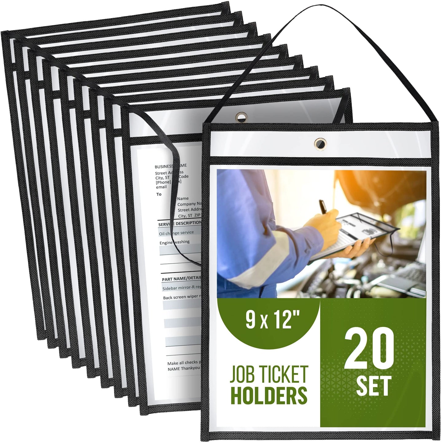 20 Pack Job Ticket Holders 9x12 with Strap - Work Order Plastic Sleeves for Documents - Shop Ticket Holders - Dry Erase Pocket Sleeves - Dry Erase Pockets - Dry Erase Sleeves - Clear Pocket Sleeves