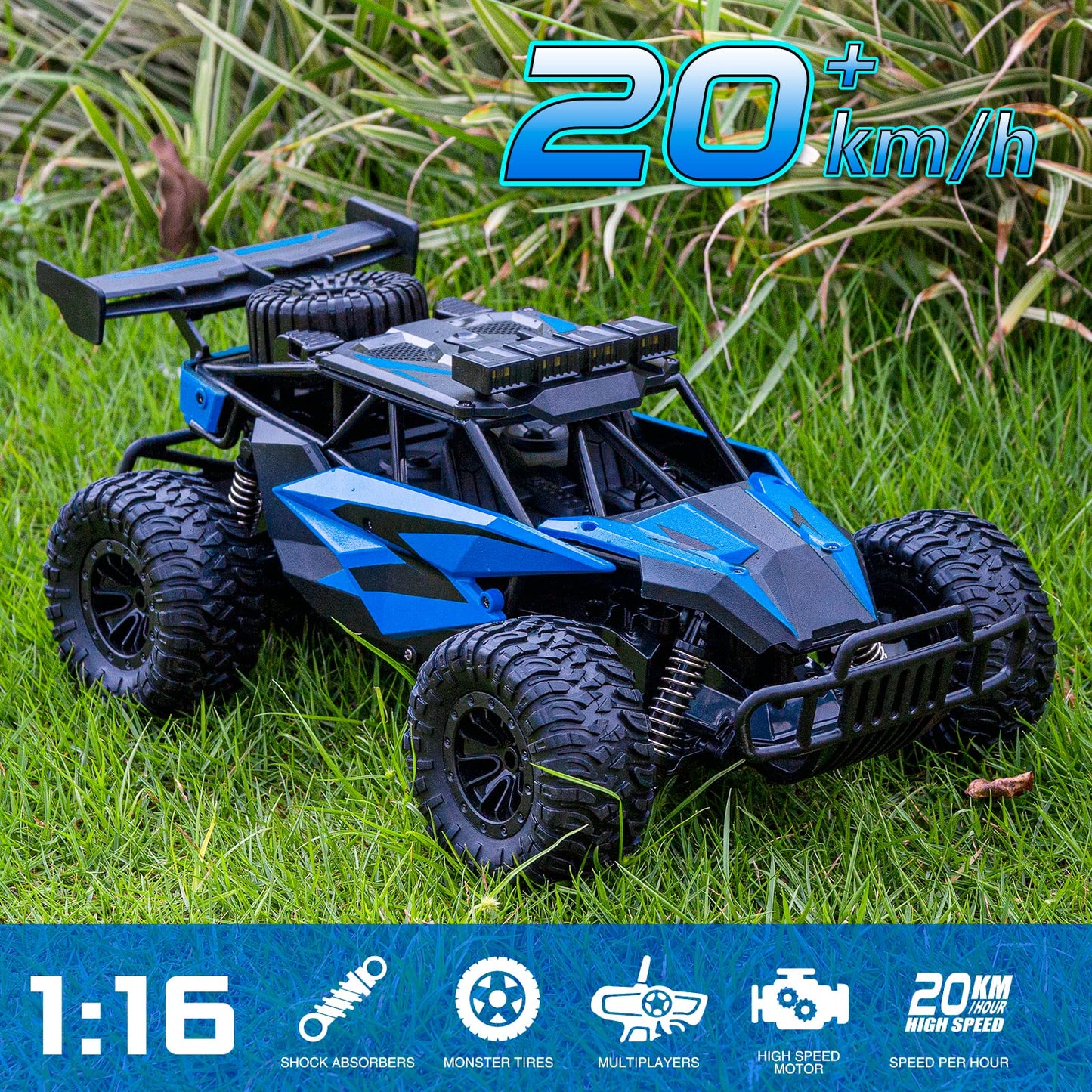 ACAMMZAR AT2 Remote Control Cars for Kids, 1:16 20+Km/h High Speed Off Road RC Car, All Terrains 2WD RC Trucks Vehicle, with 2 Batteries 50+min Play Time for Adults Boys 8-12