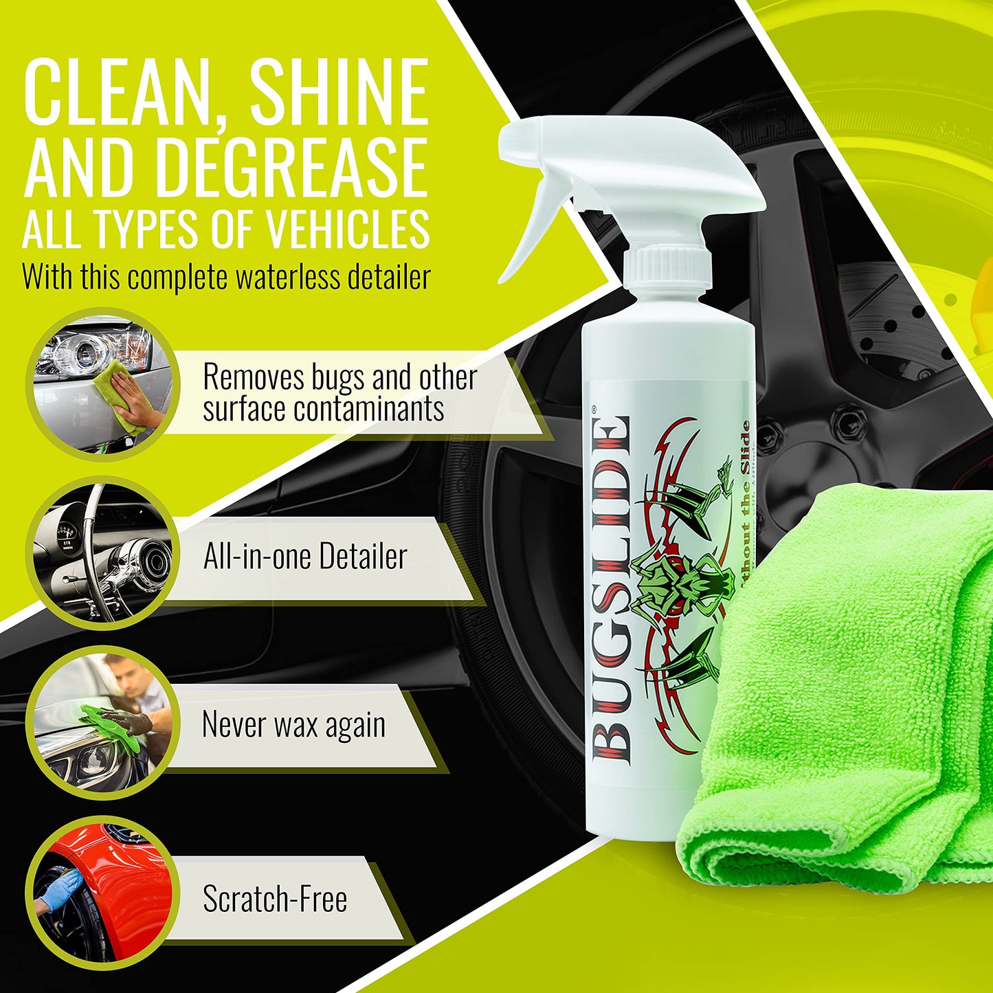 BugSlide Clean and Polish Shop Kit Includes 16 Ounce Spray Bottle and Micofiber Towel - Easy Application Polish