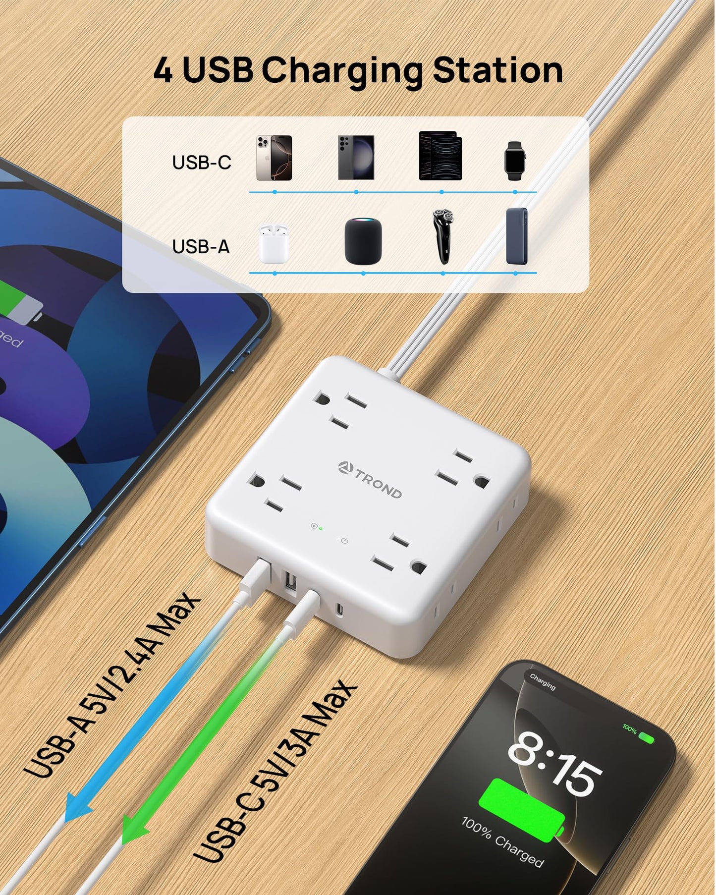 TROND 360° Rotating Flat Plug Power Bar with 2 USB C, 8 Widely Spaced Outlets, 5FT Slim Extension Cord, 1440J Surge Protector Power Strip, Wall Mount for Home Office Dorm Travel Essentials, White