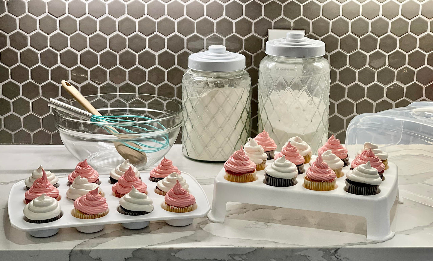 Top Shelf Elements Cupcake Carrier, Fashionable Green Cupcake Holder Carries 24 Standard-Size Cupcakes, Durable Muffin Traveler Two Tier Stand and Reusable Cupcake Box (White)