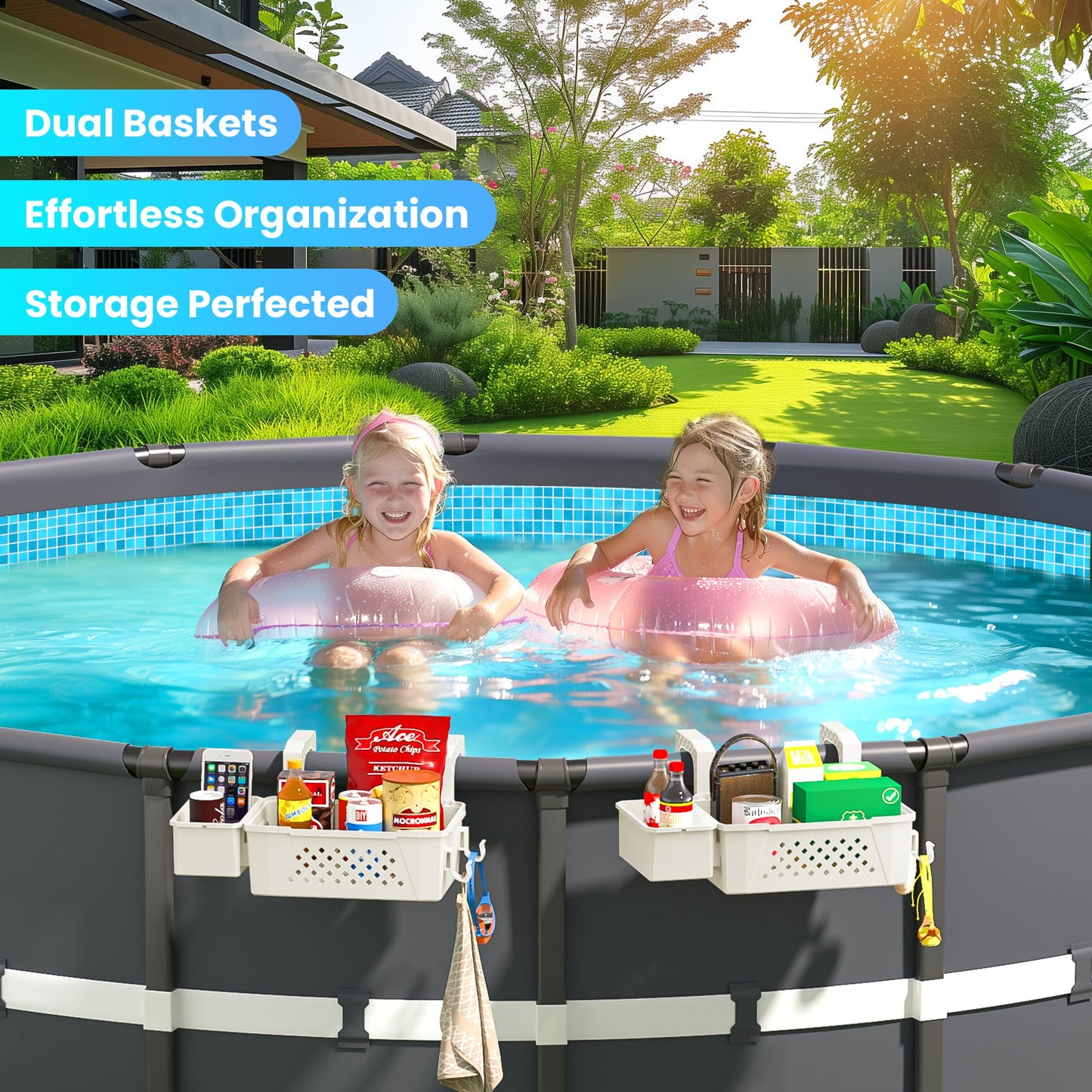 2 Sets of Poolside Storage Baskets with Cup Holders - Perfect for 3-Inch or Smaller Top Rails - Above Ground Pool Accessories - Fit for Most Above Ground Pool(Beige)