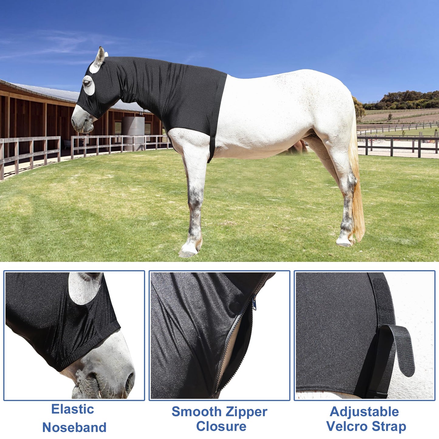 Gallopoff Horse Slinky Hood with Zipper, Stretch Spandex Sleazy Hood for Mane Protection, Breathable Horse Neck Cover for Show Prep, Braids Saver, Sleek Grooming Under Blanket Use Black X-Large