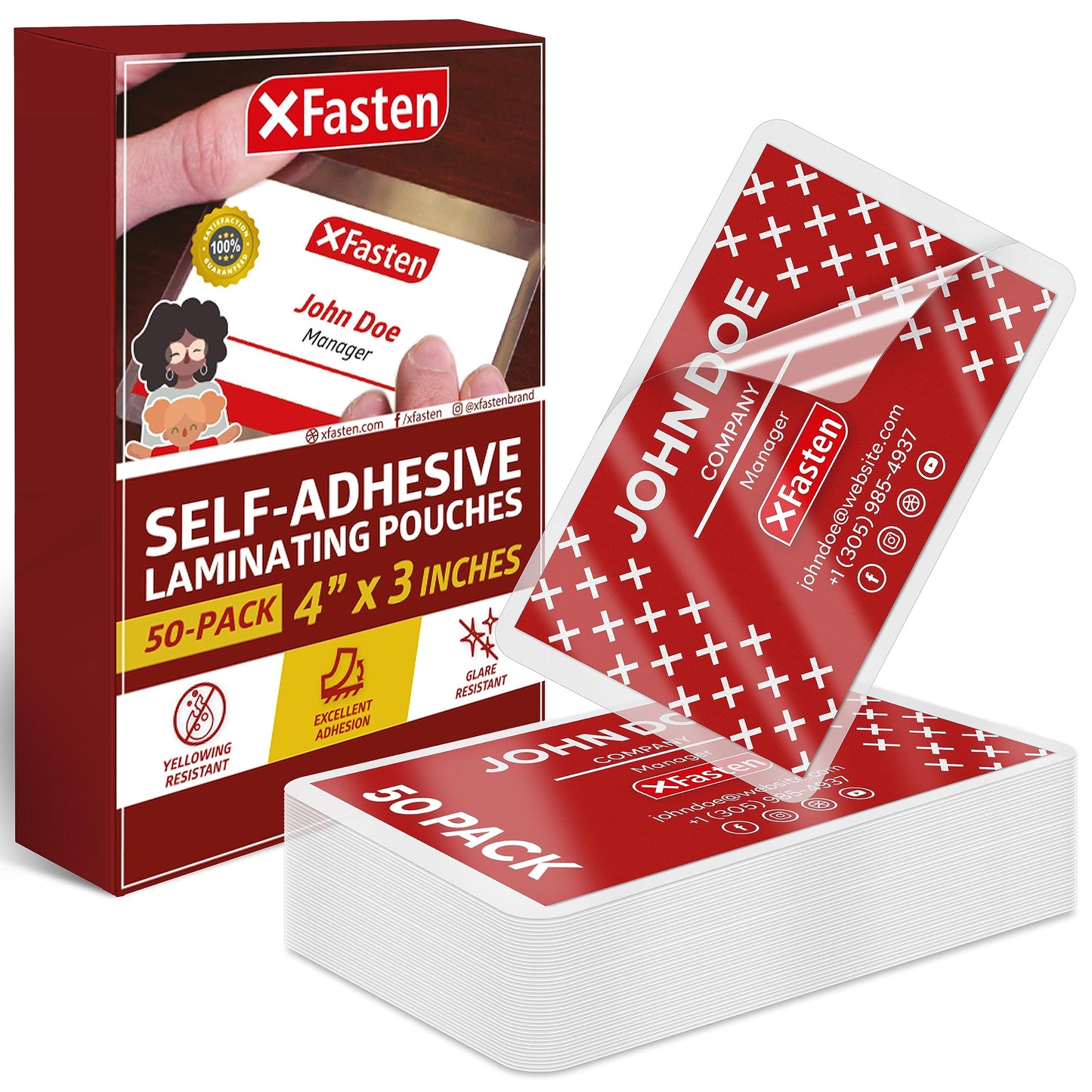 XFasten Self Sealing Laminating Pouches Business Card Size, 50-Pack, 10 Mil Non-Yellowing Business Card Laminating Pouches, Self-Adhesive Laminate Sheets, Durable, No Machine Needed, 4 in x 3 in