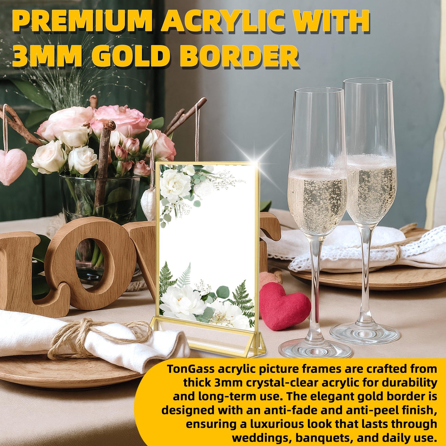 TonGass 5"x7" Clear Acrylic Table Number Holders with 3mm Gold Border (12-Pack), Double-Sided Clear Sign Holders for Weddings, Events, Menu or Photo Display, Vertical Stand Acrylic Picture Frame
