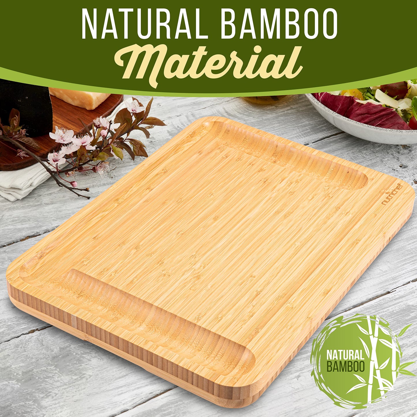NutriChef Bamboo Cheese Board, Large Charcuterie Board Set with 6 Knives & 6 Forks, 100% Organic Wood Gift Set for Wedding, Birthday, Anniversary, House Warming Gifts New Home