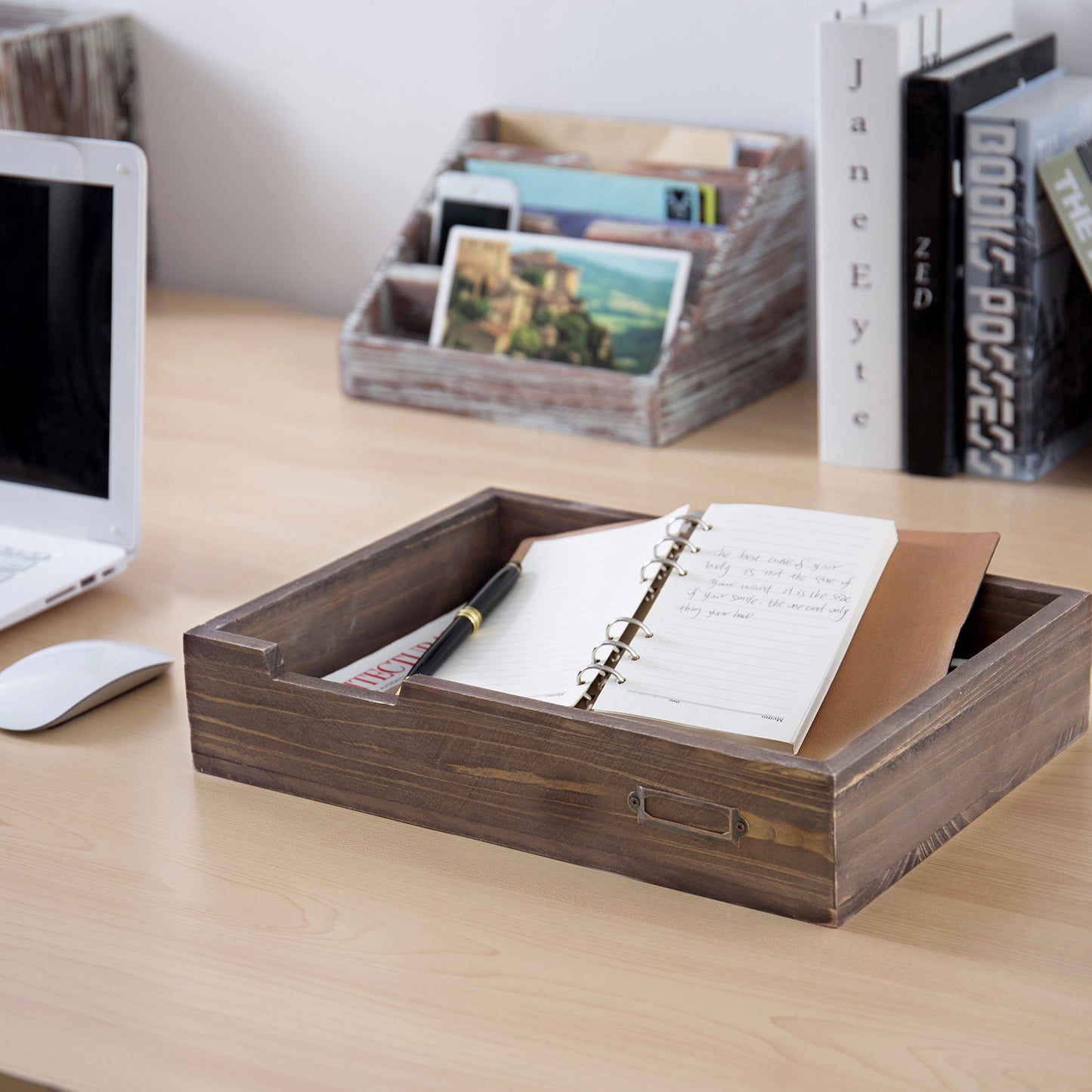 MyGift® Distressed Finish Brown Vintage Wood Office Desktop Paper, File, Folder, Magazine Holder Tray
