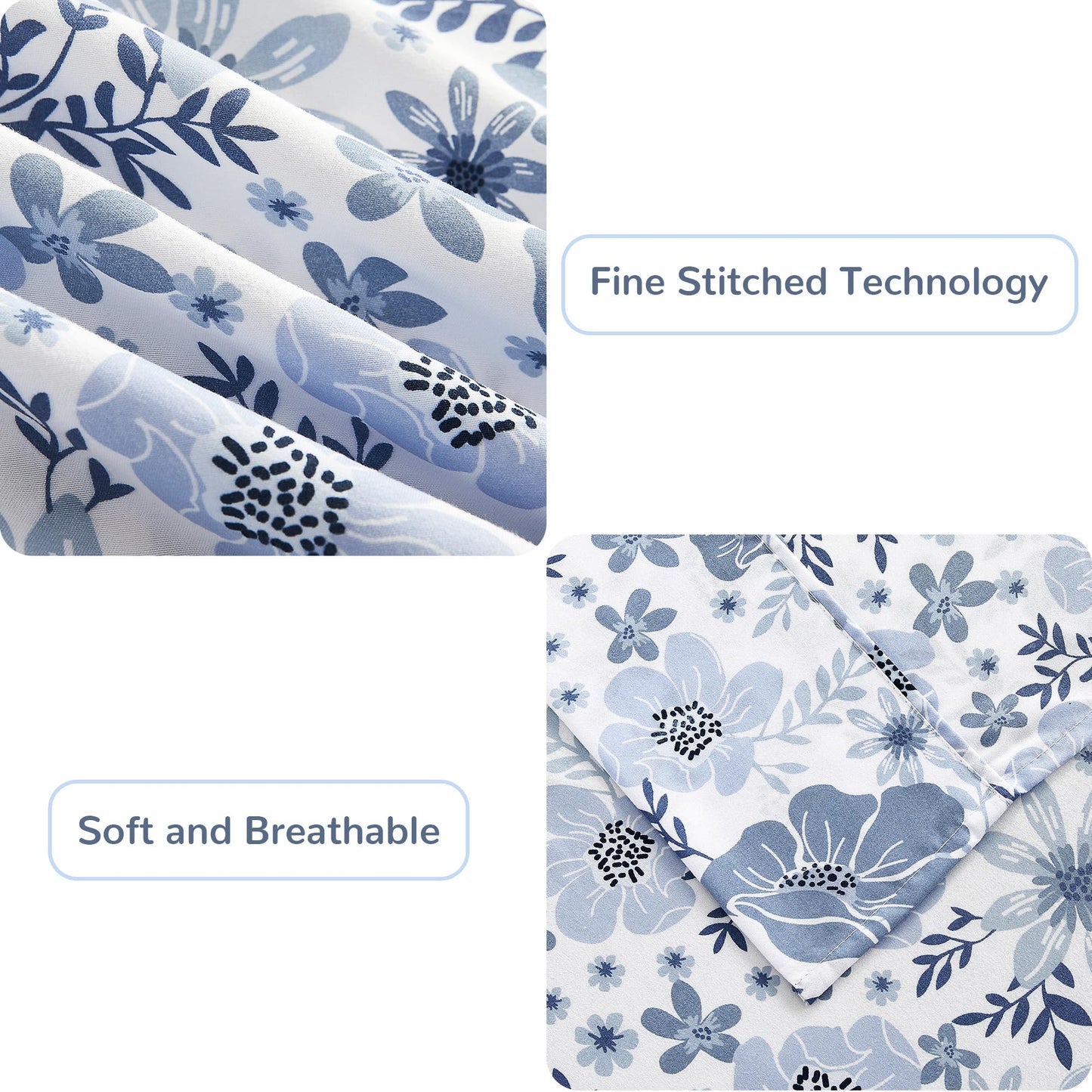Mooreeke Floral Queen Sheets, Soft Breathable Microfiber Vintage Printed Bed Sheet Set, Deep Pocket Non-Slip Fitted Sheet Included, Blue Flower Pattern