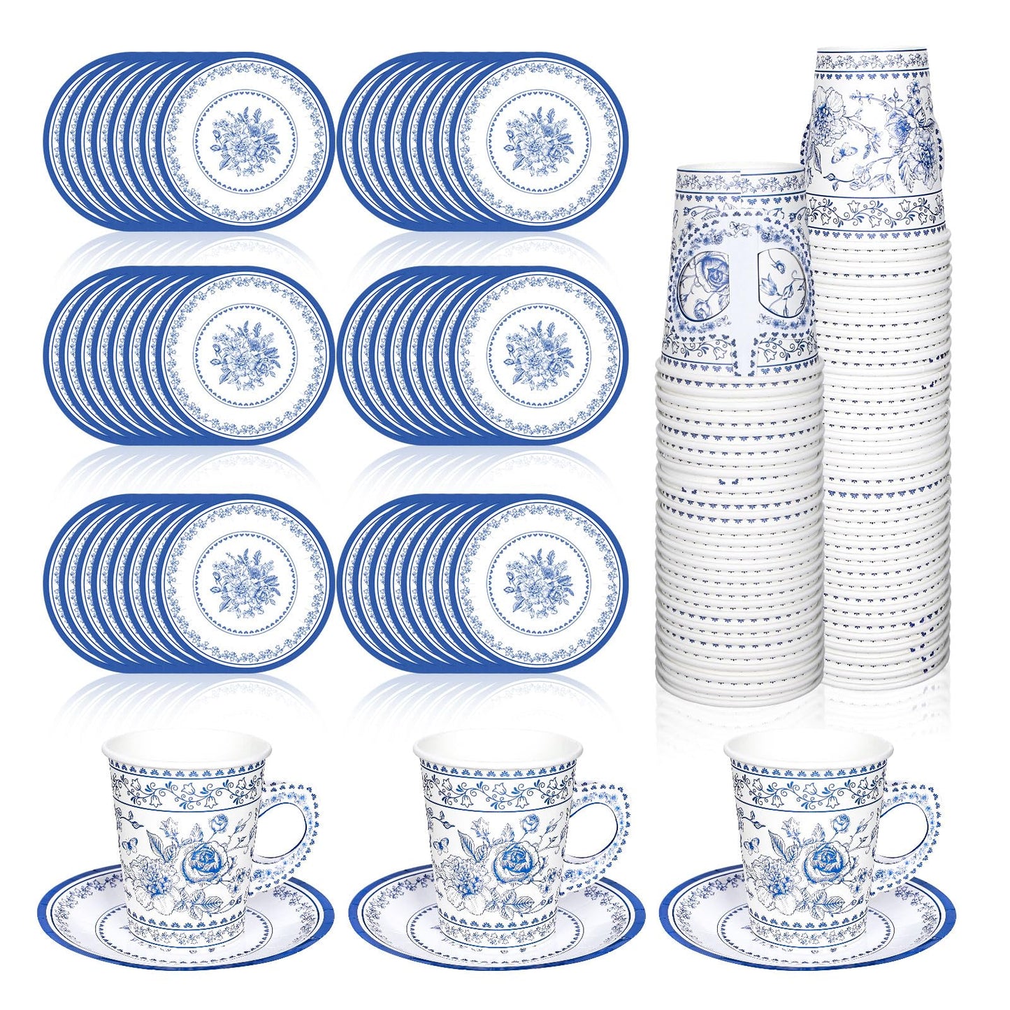 Whaline 80Pcs Blue White Floral Paper Tea Party Cups with Handles Chinoiserie Flower 9oz Disposable Teacups with Dessert Plates for Wedding Birthday Spring Tea Party